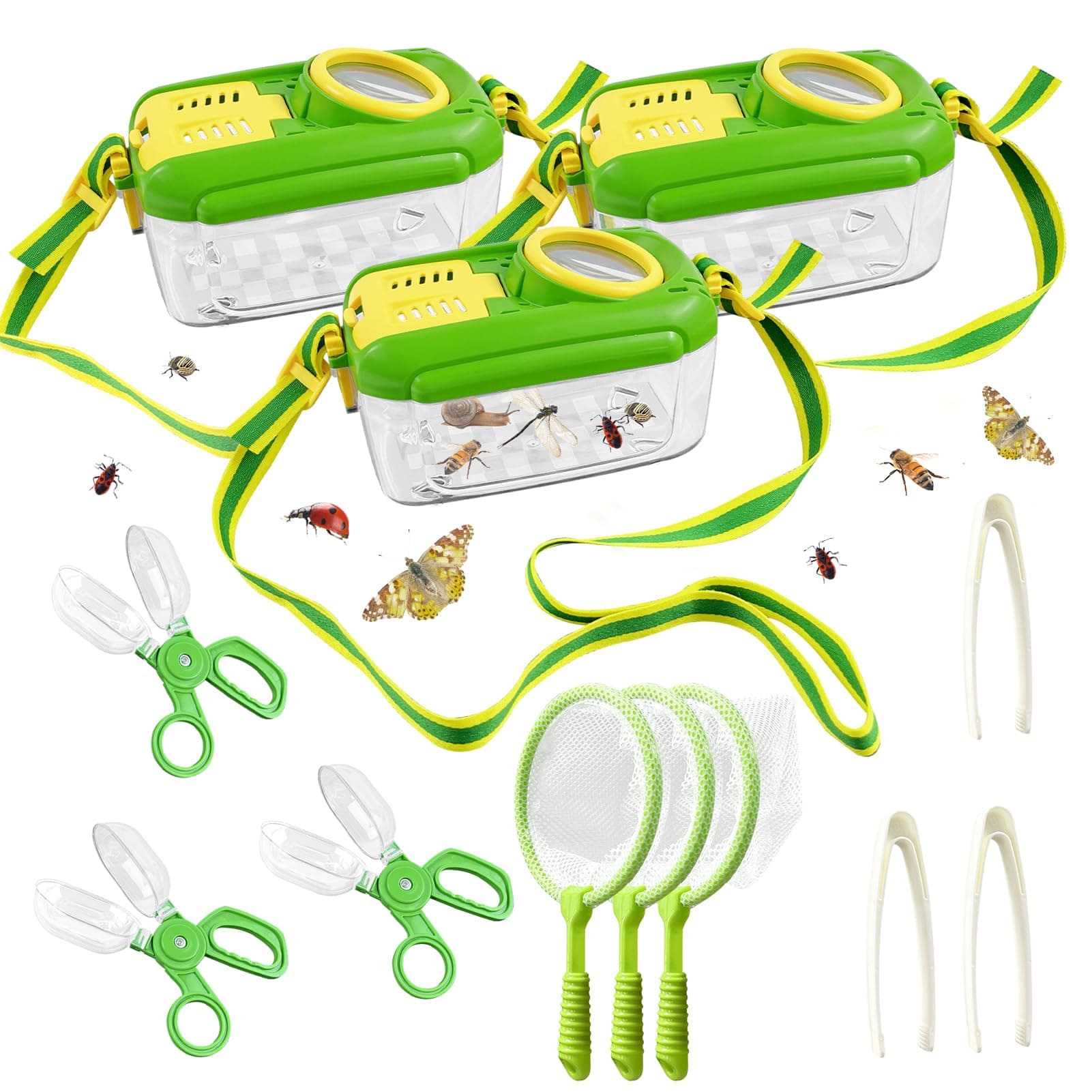 3 Sets Bug Catcher Kit for Kids Outdoor Exploration Kit Kid Summer Toys Nature Explorer Kit Bug Collection Kit with Insect Catcher Box, Butterfly Nets, Tweezers for Kids 3 4 5 6 7 8+ Years Old (Green)