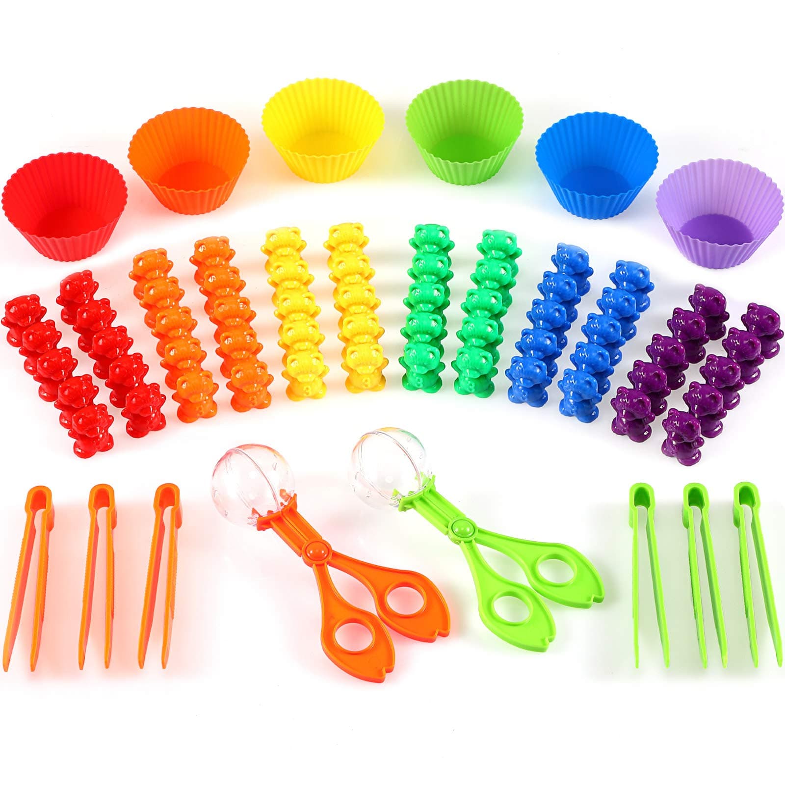 Skylety 74 Pieces Counting Sorting Bears Sensory Bin Tools Fine Motor Skills Handy Scoopers Set Includes 60 Cute Rainbow Sorting Bears, 6 Jumbo Tweezers, 2 Scissors Clips and 6 Colorful Cups