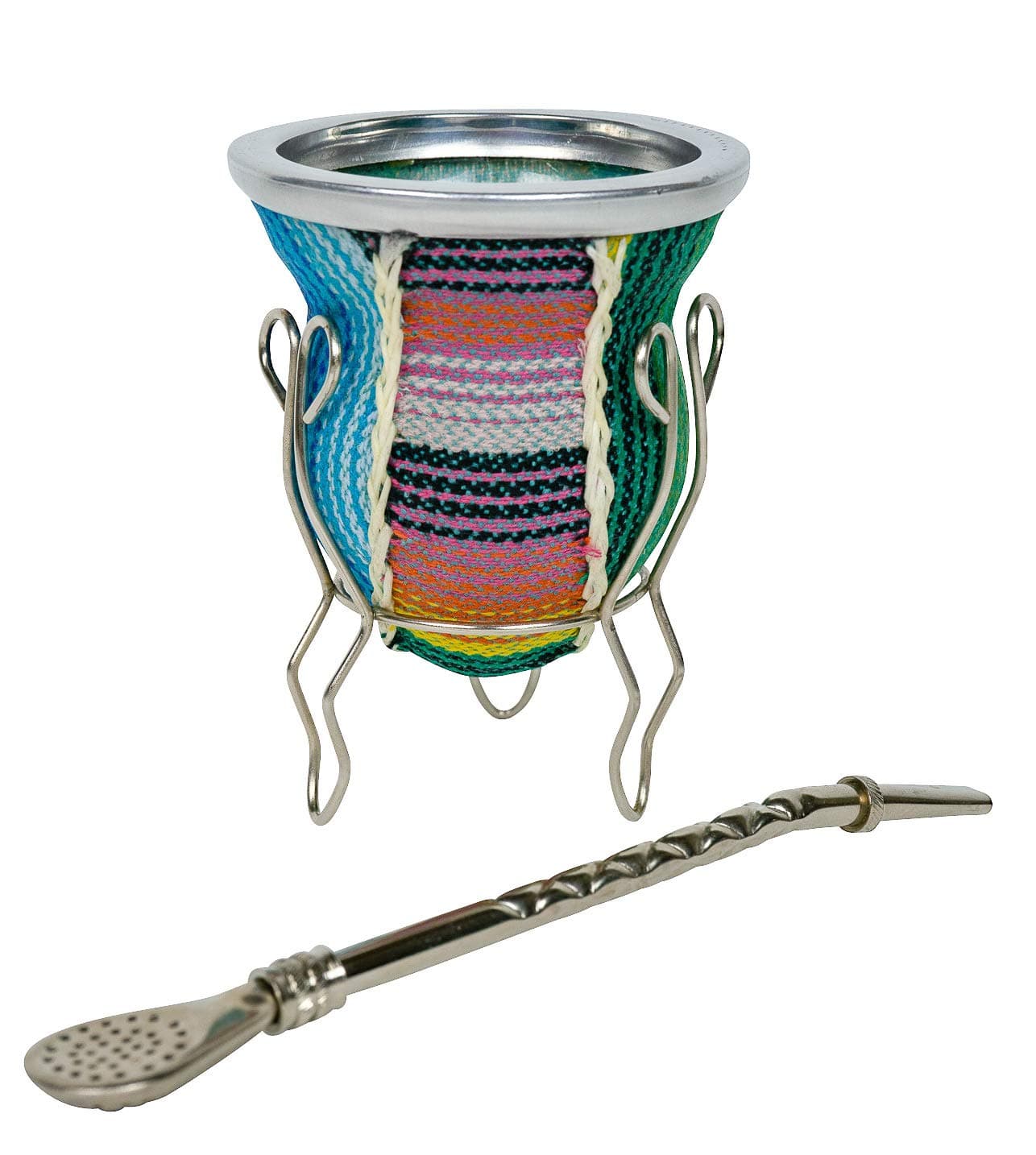 Colorful Cloth-Encased Glass Mate Gourd, Wire Stand and Bombilla (metal straw) Set by El Matero: Easy-Clean Glass | Handmade Artisan Design with Woven Cloth | Blue, Green, Yellow, Purple Striped Color