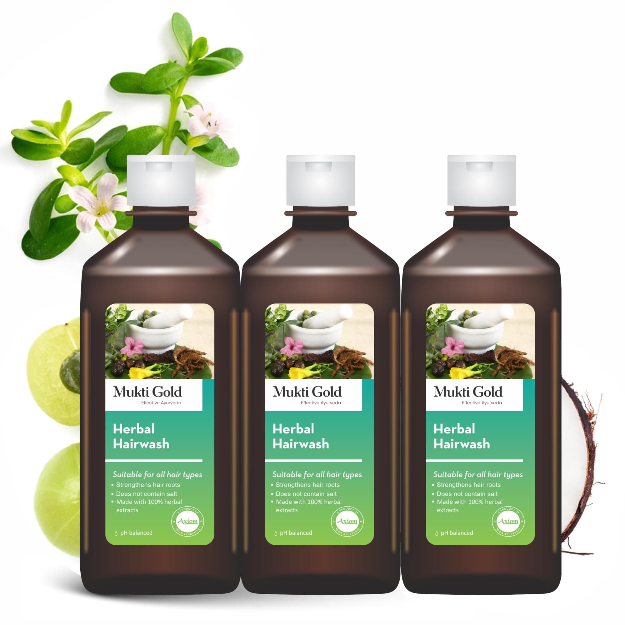 Mukti Gold Amla & Coconut Herbal Hairwash - 400mL | Shampoo For Shiny & Strong Hair | Suitable For All Hair Types | Sulphate & Paraben Free Shampoo | Pack of 3