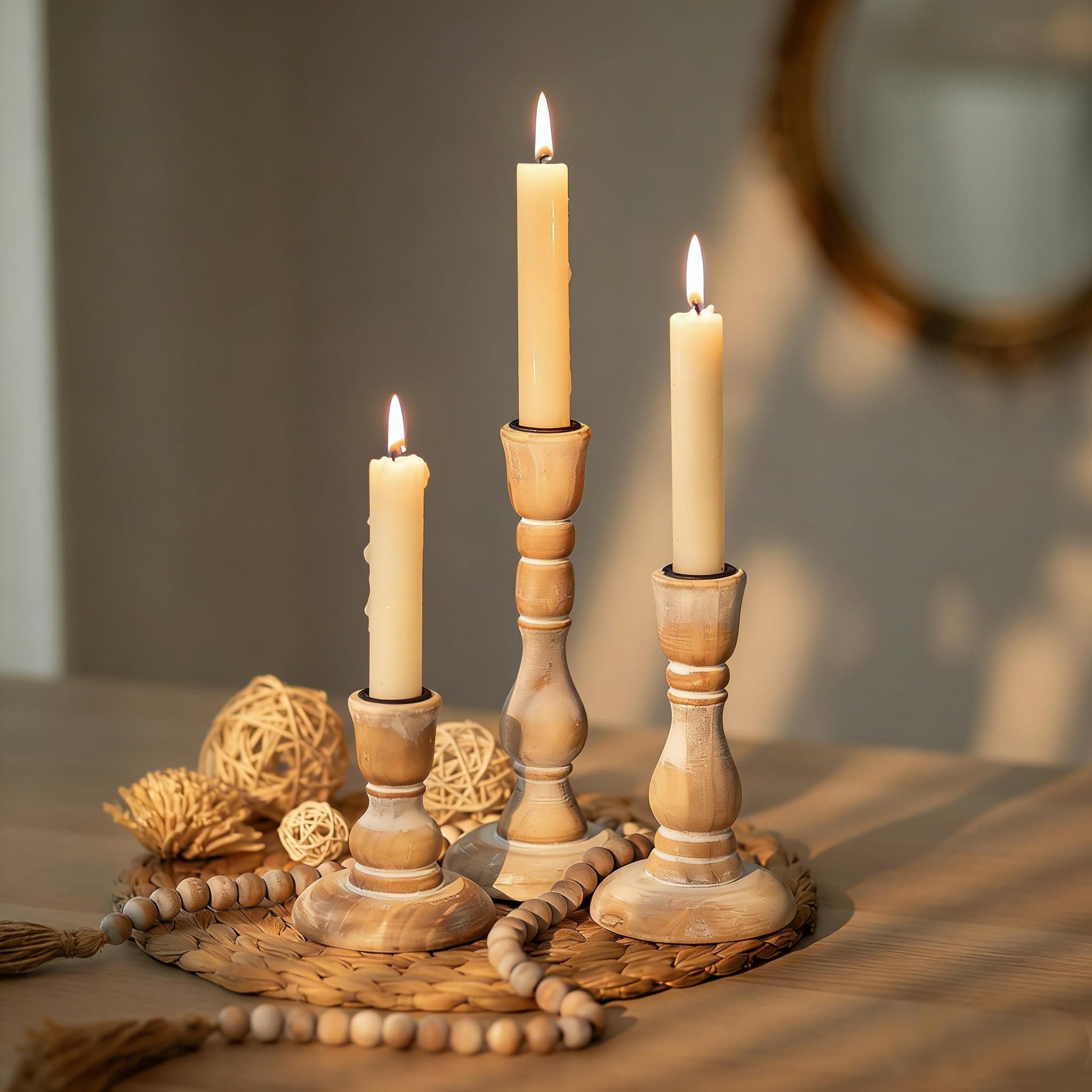 NUPTIO Taper Candle Holders Wood: Set of 3 Rustic Wooden Candlestick Holder - Vintage Candles Stick Candleholder for Fall Thanksgiving Christmas Fireplace Table Decor