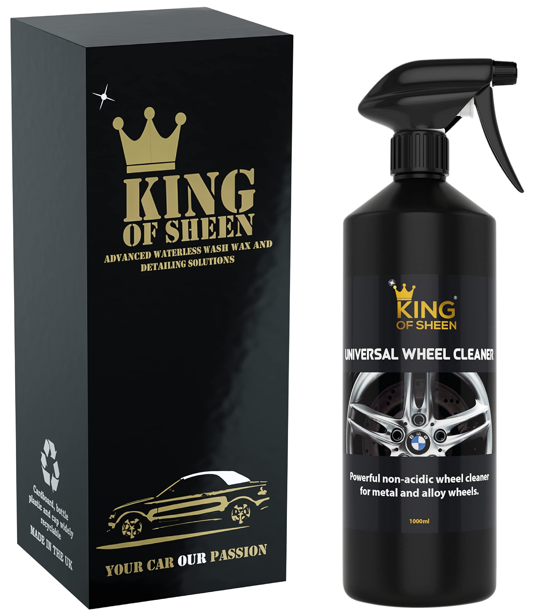 Universal Wheel Cleaner for all Metal and Alloy Wheels Tough Non Acidic Wheel Cleaner,Spray on Leave for 10 Seconds then Wipe of to a Brilliant Shine.1 Litre