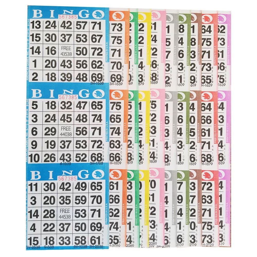 Bingo Paper Game Cards ? 3 Card ? 10 Bingo Sheets ? 100 Books ? 10 Colors, Made in USA