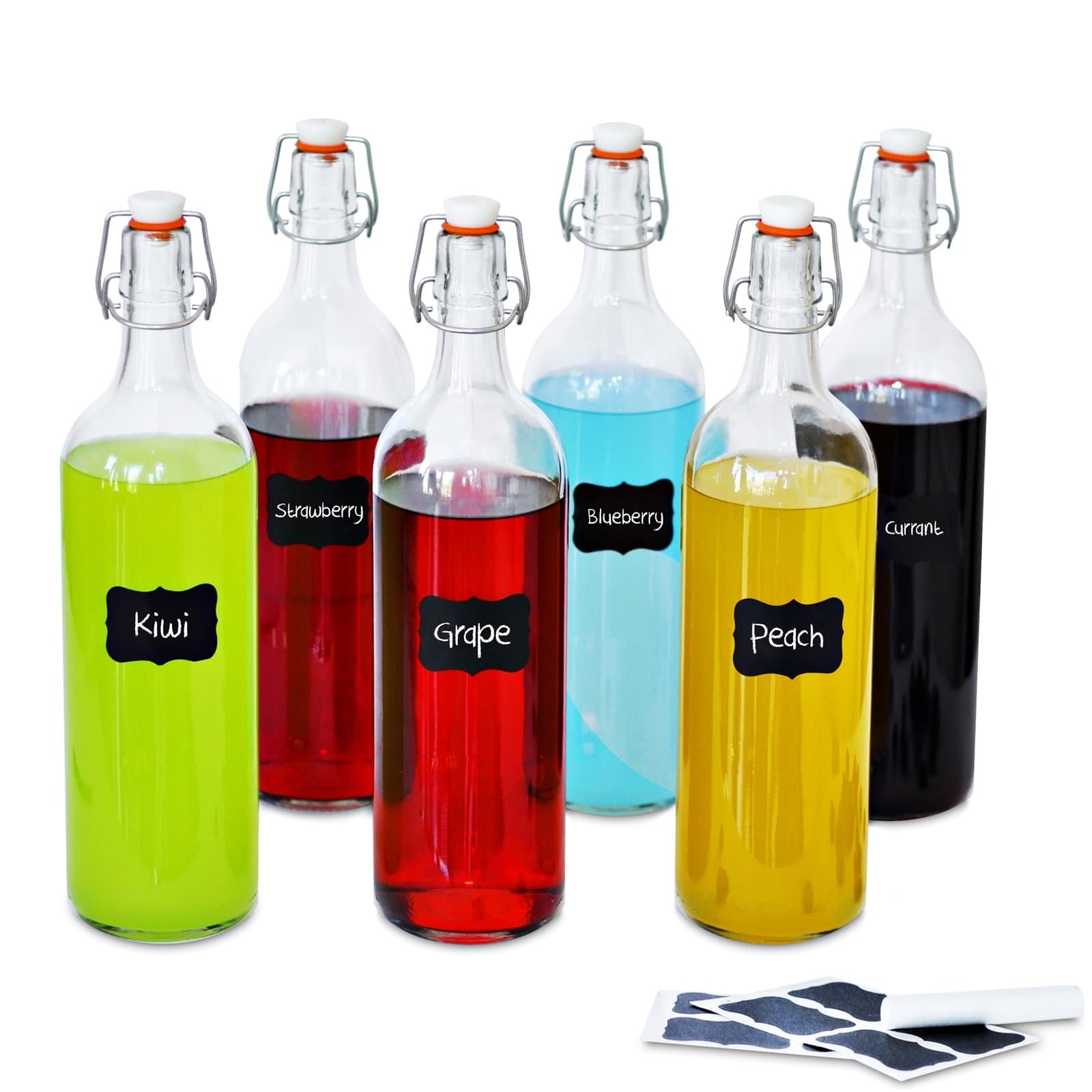 Creative Home 6 x Glass Bottle Set | 6 x 1L | One Litre Vintage Airtight Clip Top Stopper Lid Swing Storage Preserving Carafe Cordial Refilable | Water Bottle | 8 Reusable Stickers & 1 Anti-Dust Chalk