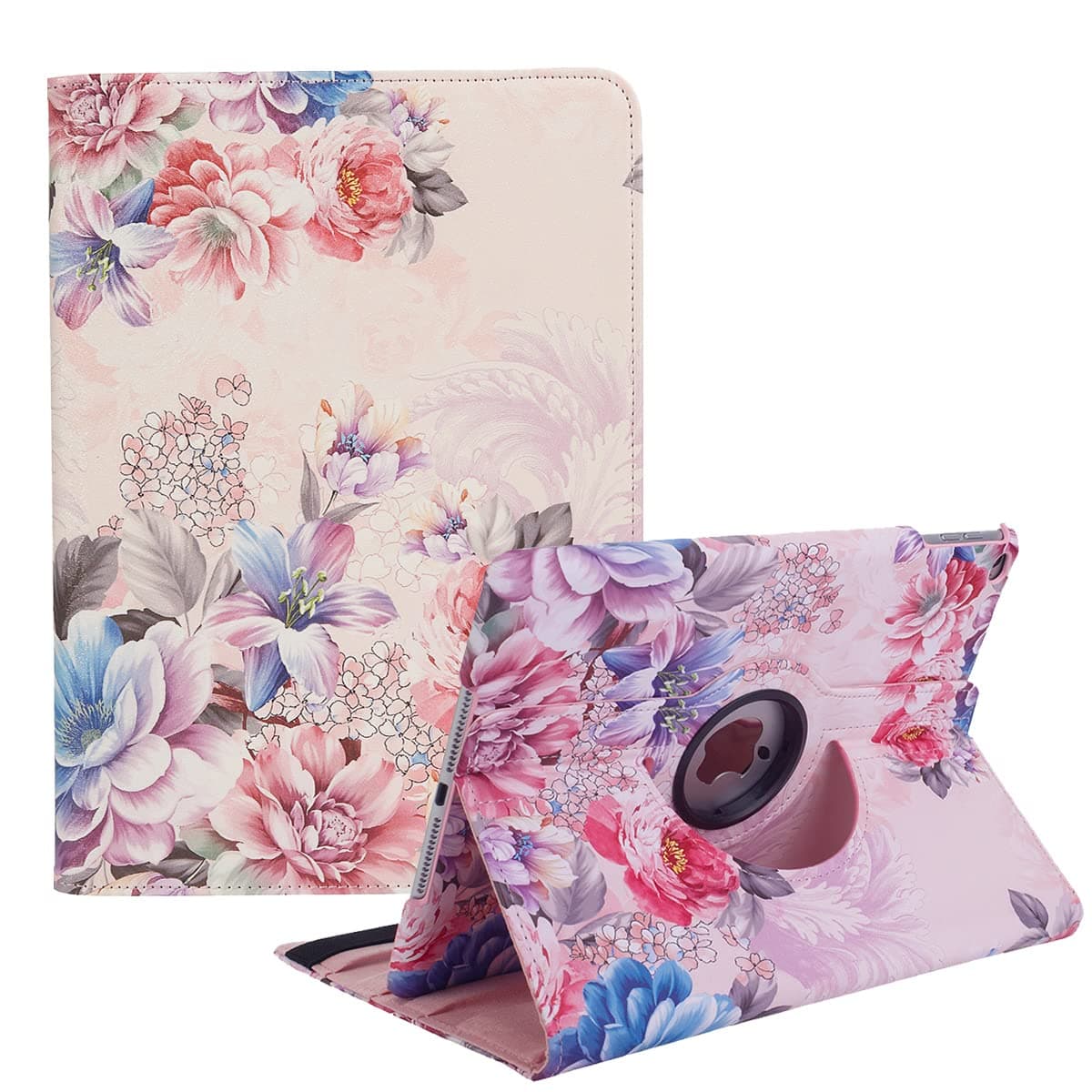 Rotating Case for iPad 9.7 inch 6th Gen, 5th Gen / Air 2 - 360 Degree Stand Protective Cover with Auto Sleep Wake 2018 2017 (Peony flower)