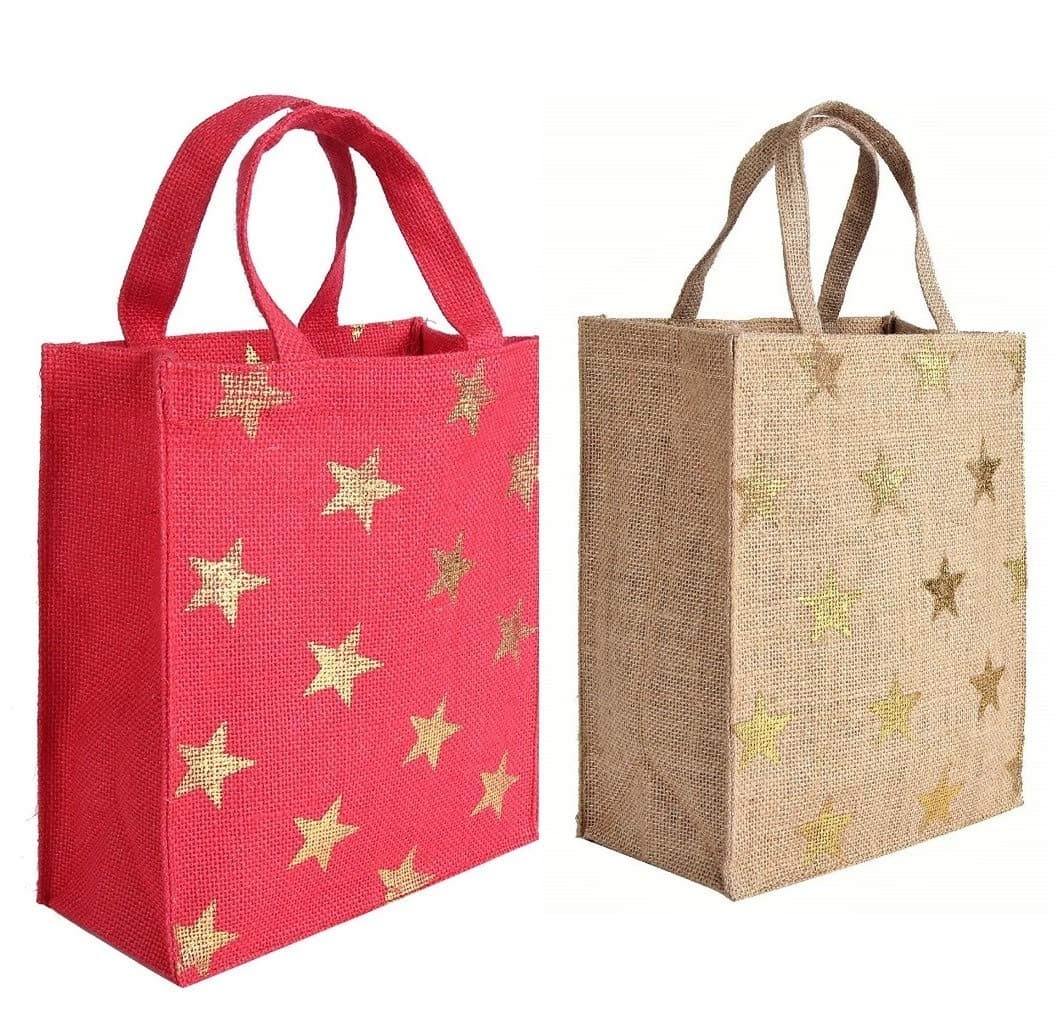 Earthbags GOLD STAR JUTE GIFT BAG IN RED & BEIGE COLOUR -PACK OF 2