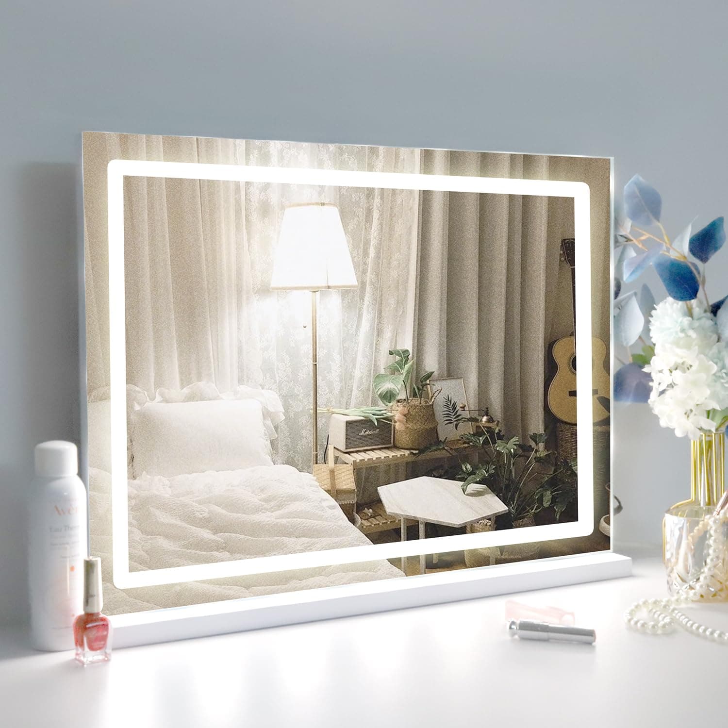 Despful Makeup Vanity Mirror with Lights, 22.8"x 18.1" Large LED Lighted Mirror with 10X Magnification and USB Charging Port, Smart Touch 3 Colors Dimmable, Touch Control for Bedroom, White