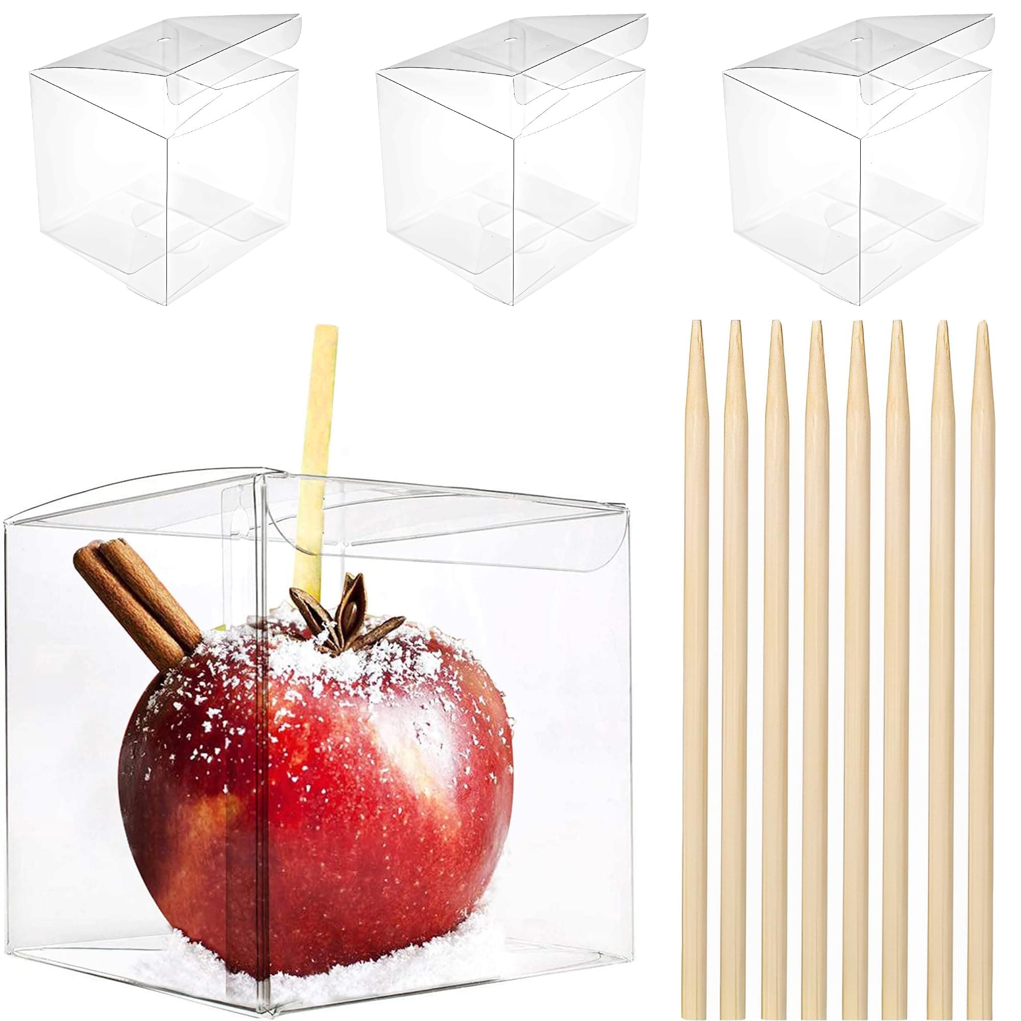 LOKQING 20 Pack 4''x 4'' x 4'' Clear Candy Apple Boxes with Hole and Sticks S...