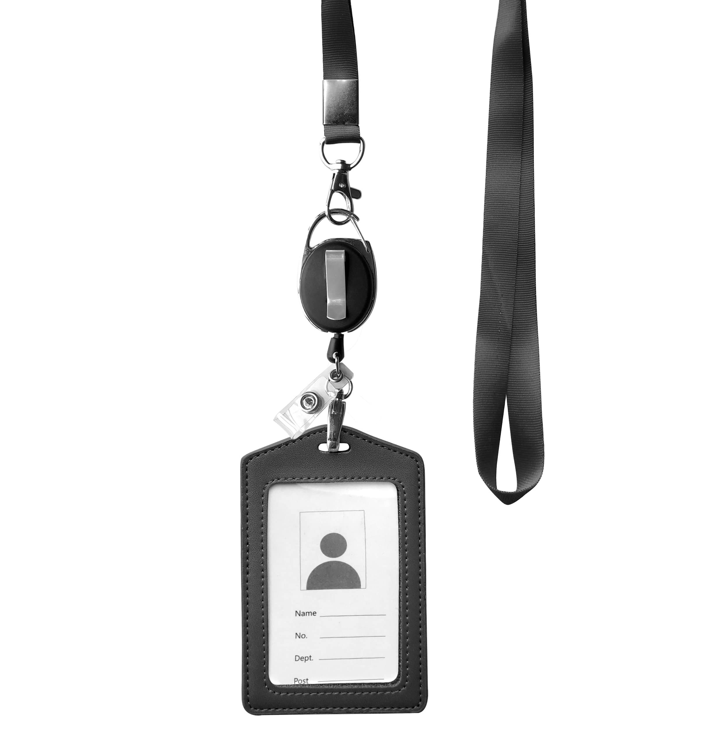 ID Card Case + Heavy Duty Lanyard (Black) + Badge Holder Retractable Reel Carabiner and Plastic Clip (Genuine Leather)