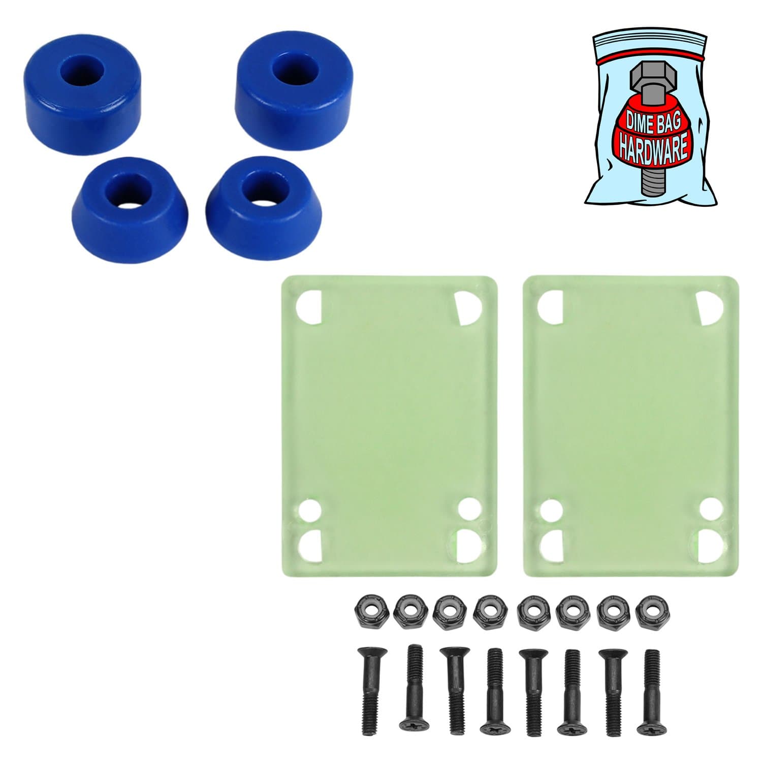 Dime Bag Skateboard Bushings (for 2 Trucks) + Green Riser Pads and 1" Phillips Hardware (88A Blue)