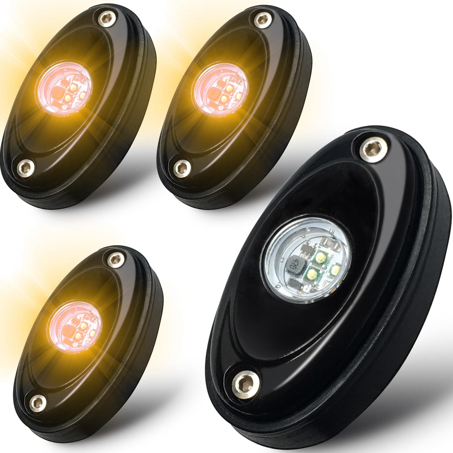 LED Rock Lights Under Glow LED Light Kits Waterproof LED Neon Light for Jeep Off Road Truck UTV ATV SUV Baja Raptor Boat Rig Lamp Trail Underbody Light (Amber, 4 Pods)