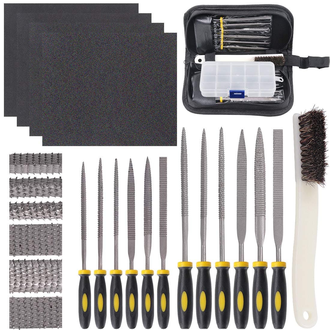 GLARKS 12pcs Mini Assorted Wood Rasp Set Include Brush and Storage Box with 4pcs Sandpaper for Fixing Jewelers Diamond Wood Carving Craft