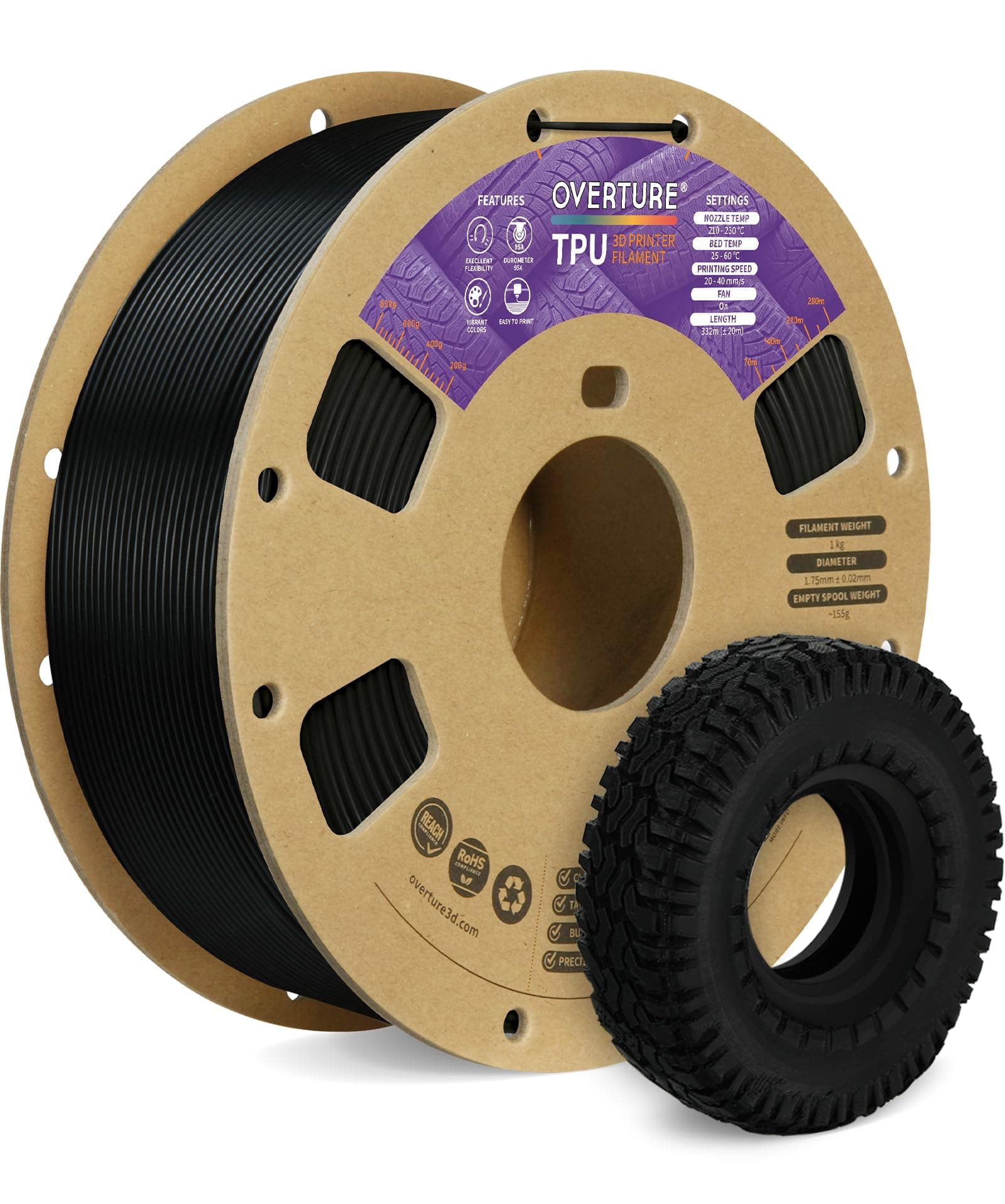 OVERTURE TPU Filament 1.75mm Flexible Roll, 95A Soft 3D Printer Filament, 1kg Spool (2.2 lbs), Fit Most FDM Printer (TPU Black)
