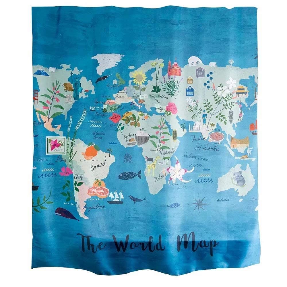 Ofat Home World Map Kids Animal Shower Curtain Sets for Bathroom Accessories, Early Educational Geography Backdrop Curtain Room Decor, No Liner Needed Washable, Blue Green Teal, 72x72 inch