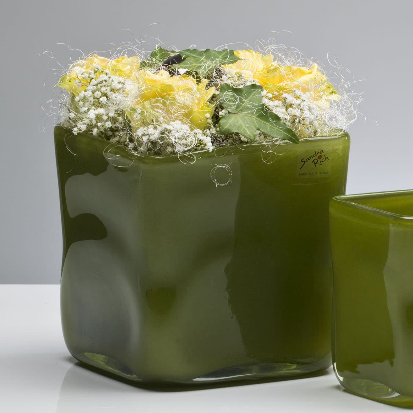 Glass Vase Solid Glass Table Vase Cube Square, Green, 15 cm