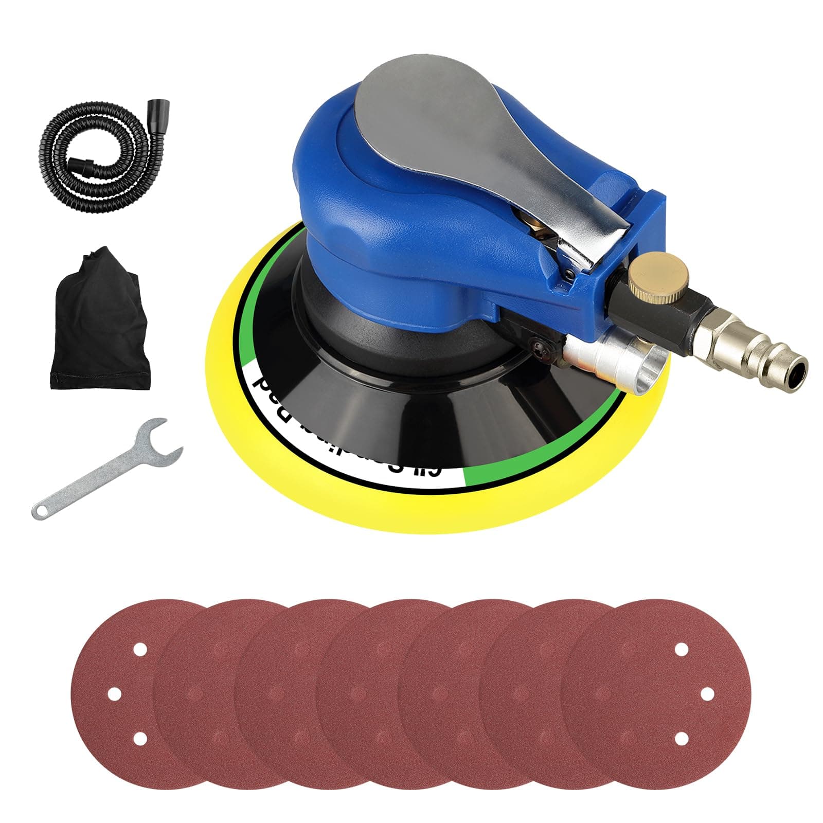 Uten 6" Air Random Orbital Sander Dual Action Pneumatic Palm Sander with Speed Regulation with 7 Pcs of Sand Paper