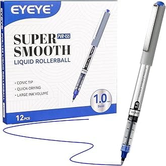 EYEYE Liquid Ink Rollerball Pens 1.0mm Blue, 12 Pack Bold Point Roller Ball Pen Quick Dry, Blue Ink Pens Fine Point Smooth Writing Pen for Journaling, Note Taking, Office, School Supplies