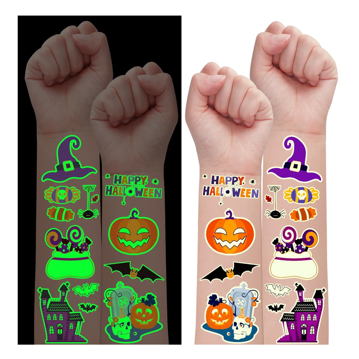Leesgel Luminous Kids Tattoos - Glow in Dark Halloween Skeleton/Candy/Pumpkin/Spider Tattoo Stickers for Party Bag Fillers & Birthday Favours