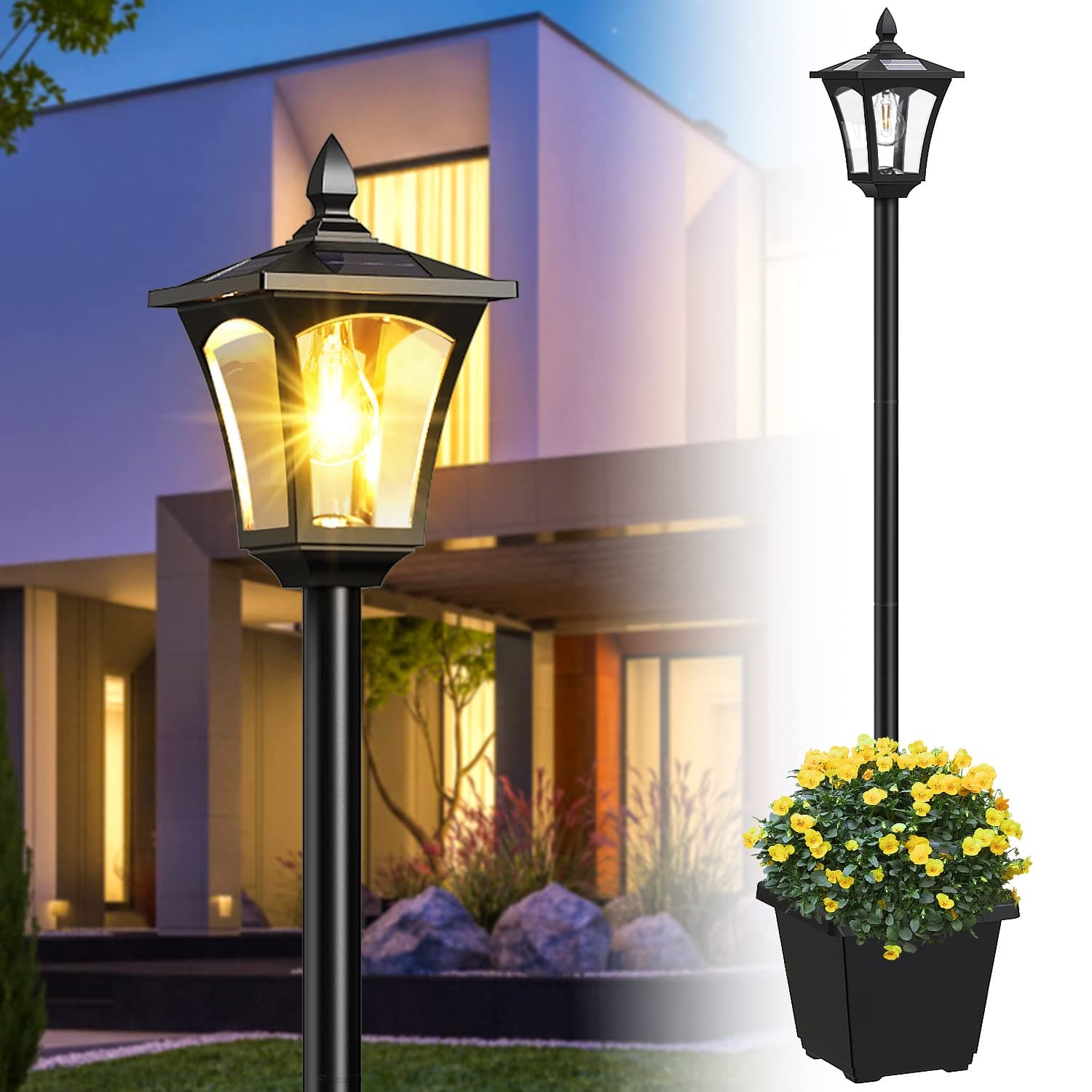 64 Inch Lamp Solar Post Light with Planter, 60 High Lumens Street Light, Waterproof for Garden, Pathway, Lawn, Driveway, Front Back Door Outdoor Pole