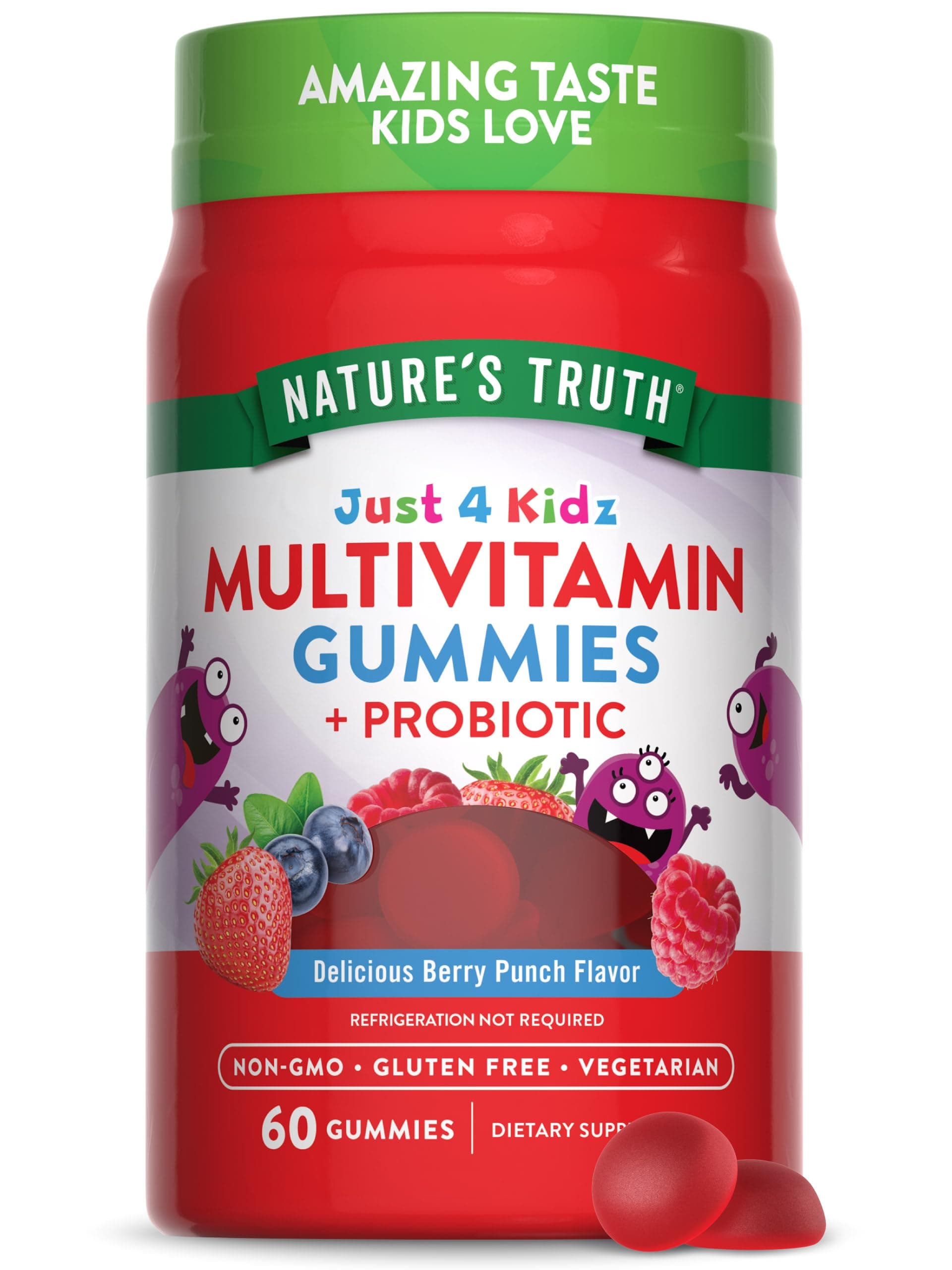 Kids Multivitamin Gummies with Probiotics | 60 count | Berry Punch Flavor | Vegetarian, Non-GMO & Gluten Free Supplement