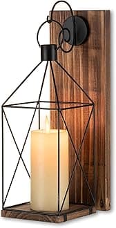 Staymoment Wall Candle Sconce Metal Lantern - Indoor Wood Rustic Candle Holder Decorative Black Candle Lantern for Farmhouse Yard Porch Pathway, 13.4" Wall Decorations Home Decor, Brown