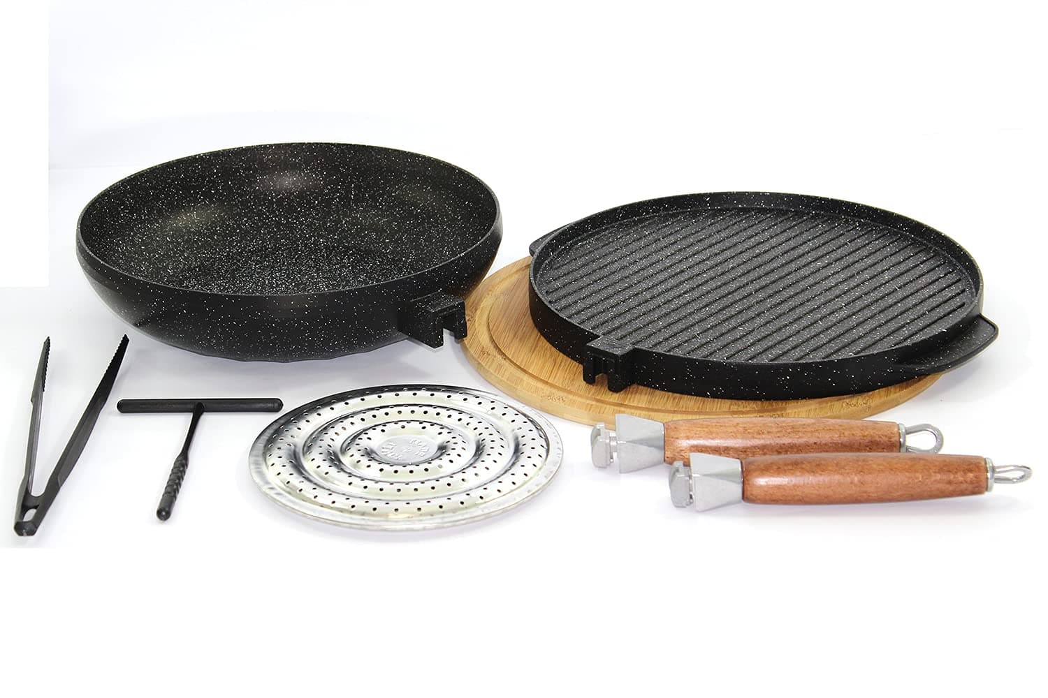 Testo Romagnolo Round Non-Stick Smooth Lava Stone Double Boiler Pans and Grill + Wok + Moulded Wood Trivet + Oven Effect Heat Diffuser Diametro: 32; 30 Cm black