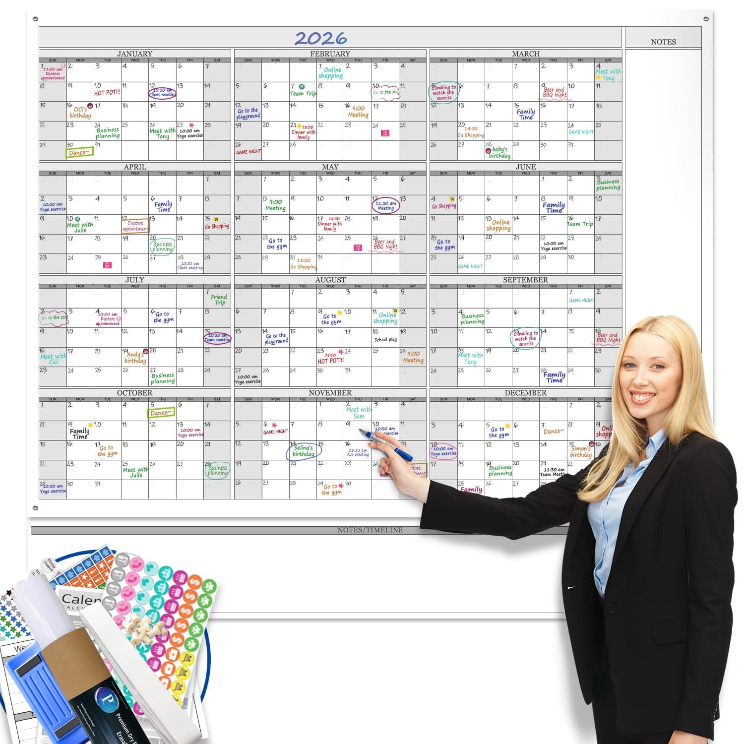 Jumbo Dry Erase Yearly Whiteboard Wall Calendar, 46" x 63", Huge 12 Month Laminated Erasable White Board, Giant Annual Family Schedule Planner, Large Undated Reusable Year Poster