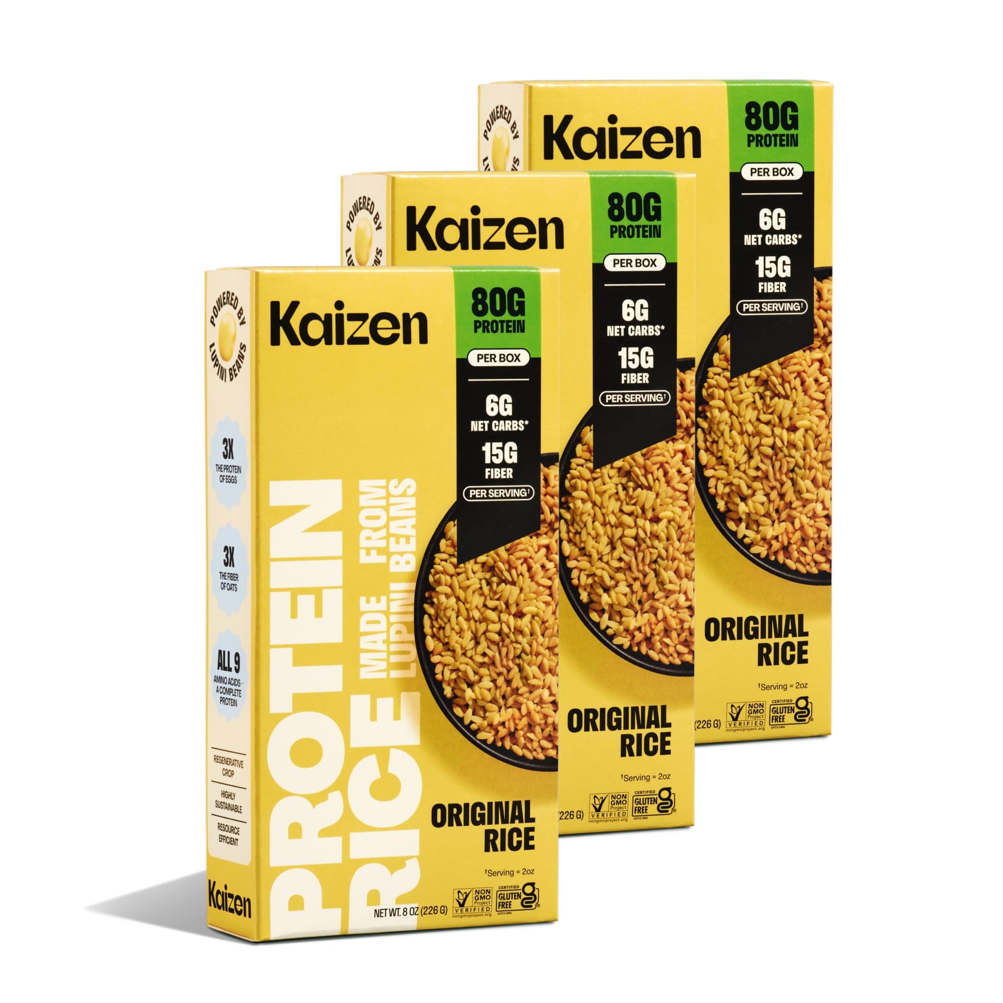 Kaizen Original Protein Rice, 20g Protein, Low Carb (6g Net Carbs), Keto-Friendly, Gluten-Free, Made with Plant-Based Lupini Beans, High Fiber, 8 Ounce, Pack of 3
