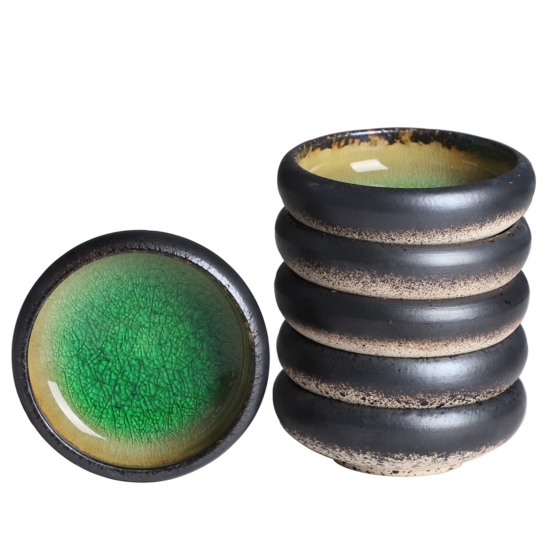 Uaral Soy Sauce Dishes Japanese Dipping Sauce Bowls Pinch Bowl Stoneware Small Dish Set of 6,3.75 Inch(4.5 oz Ice Crack Green)