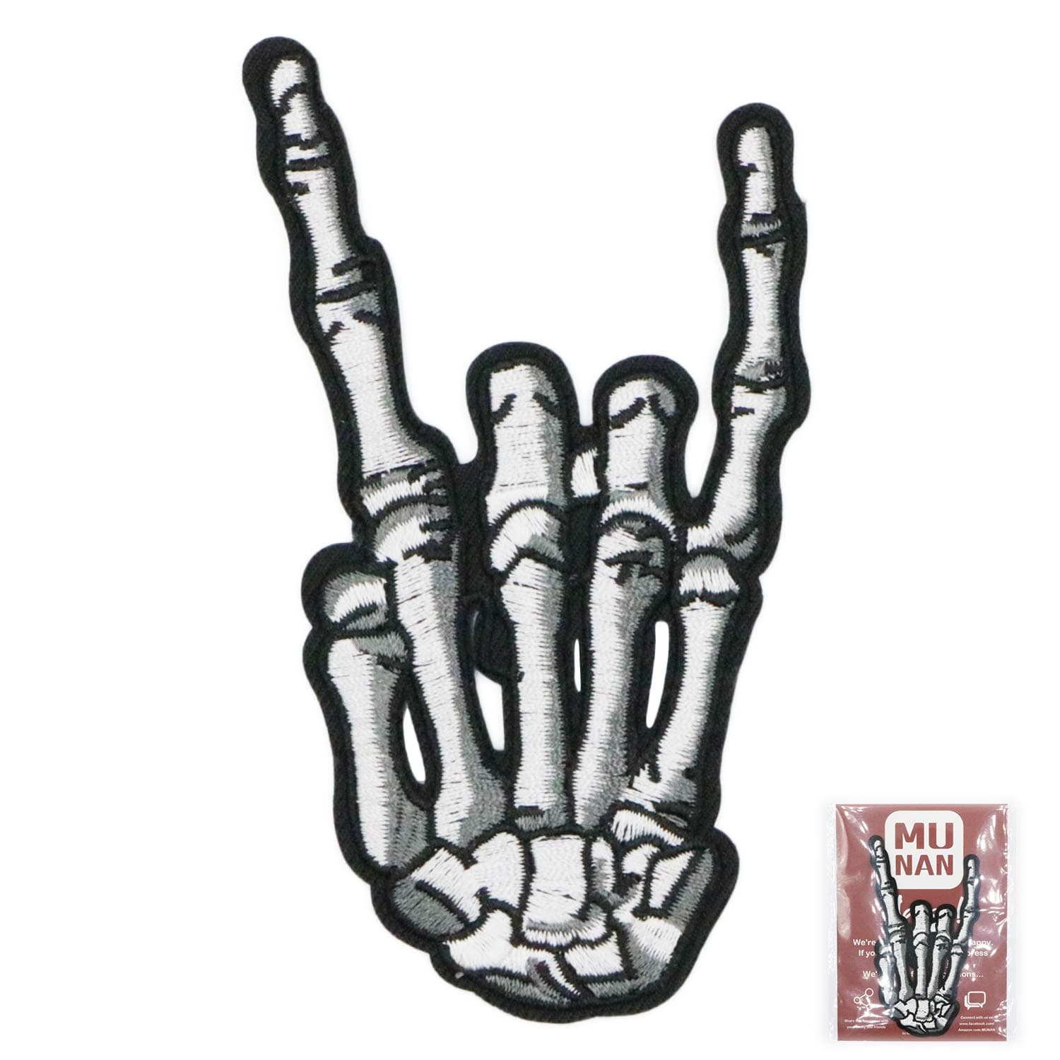 Punk Rock Hand Symbol Sign Language Heavy Metal Music Finger Bone Skeleton Skull Ghost Patch Embroidered Applique Badge Iron On Sew On Emblem