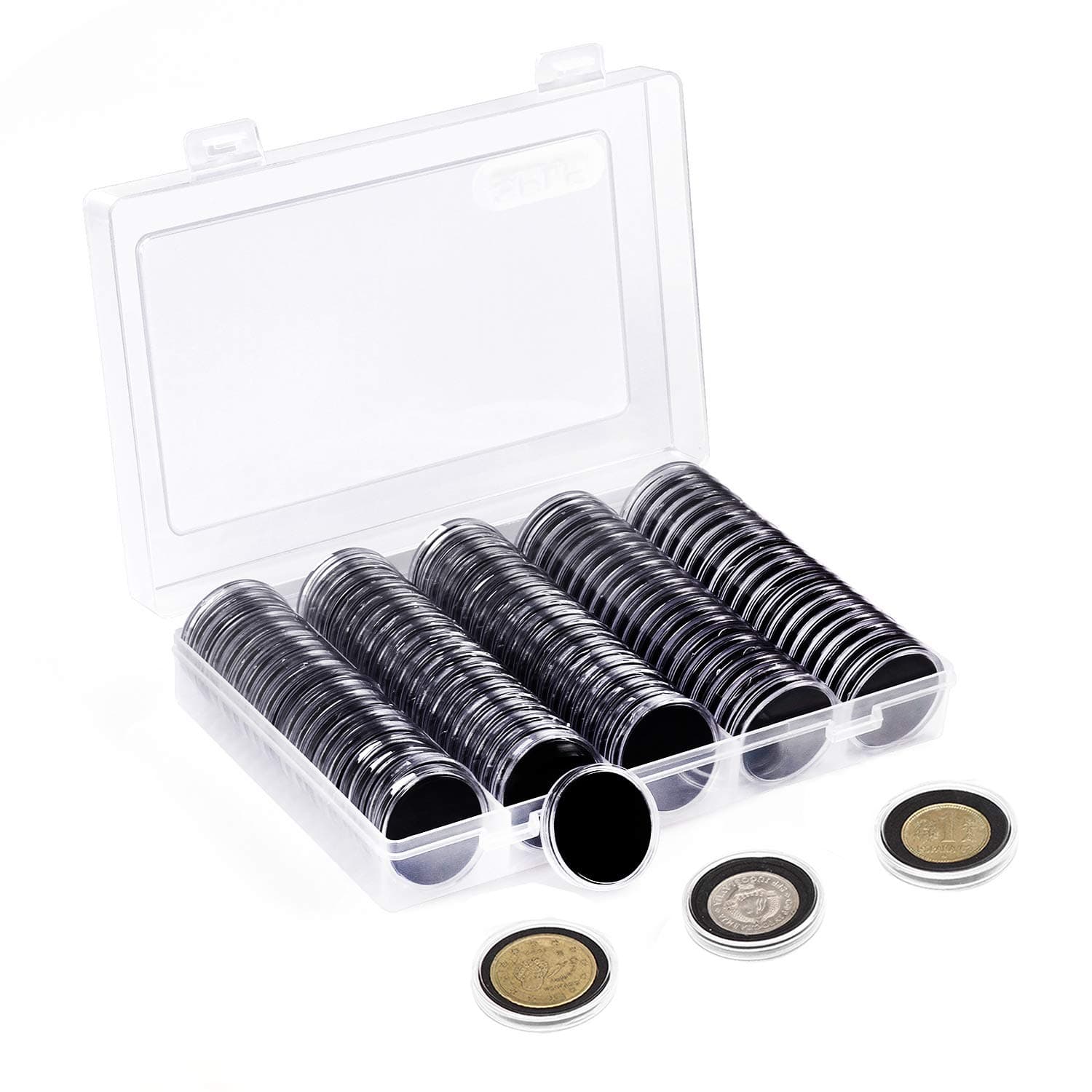 SPLF 100 Pieces 30mm Coin Capsules and 5 Sizes (17/20/25/27/30mm) Protect Gasket Coin Holder Case with Plastic Storage Organizer Box for Collection Supplies