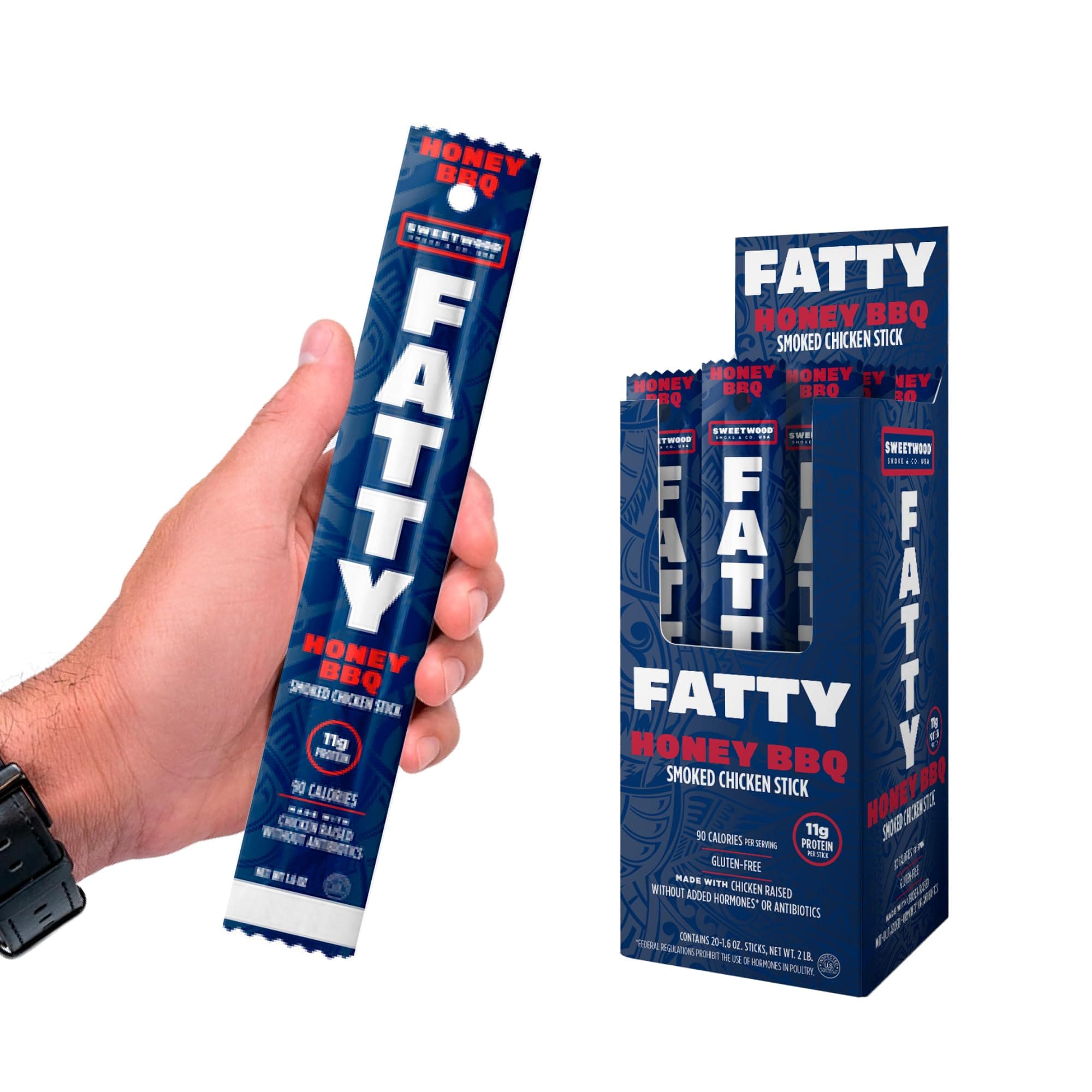 FATTY Smoked Chicken Sticks Raised Without Added Antibiotics, Honey BBQ Flavor, 11g Protein Per Stick, 1.6 oz. (Pack of 20)