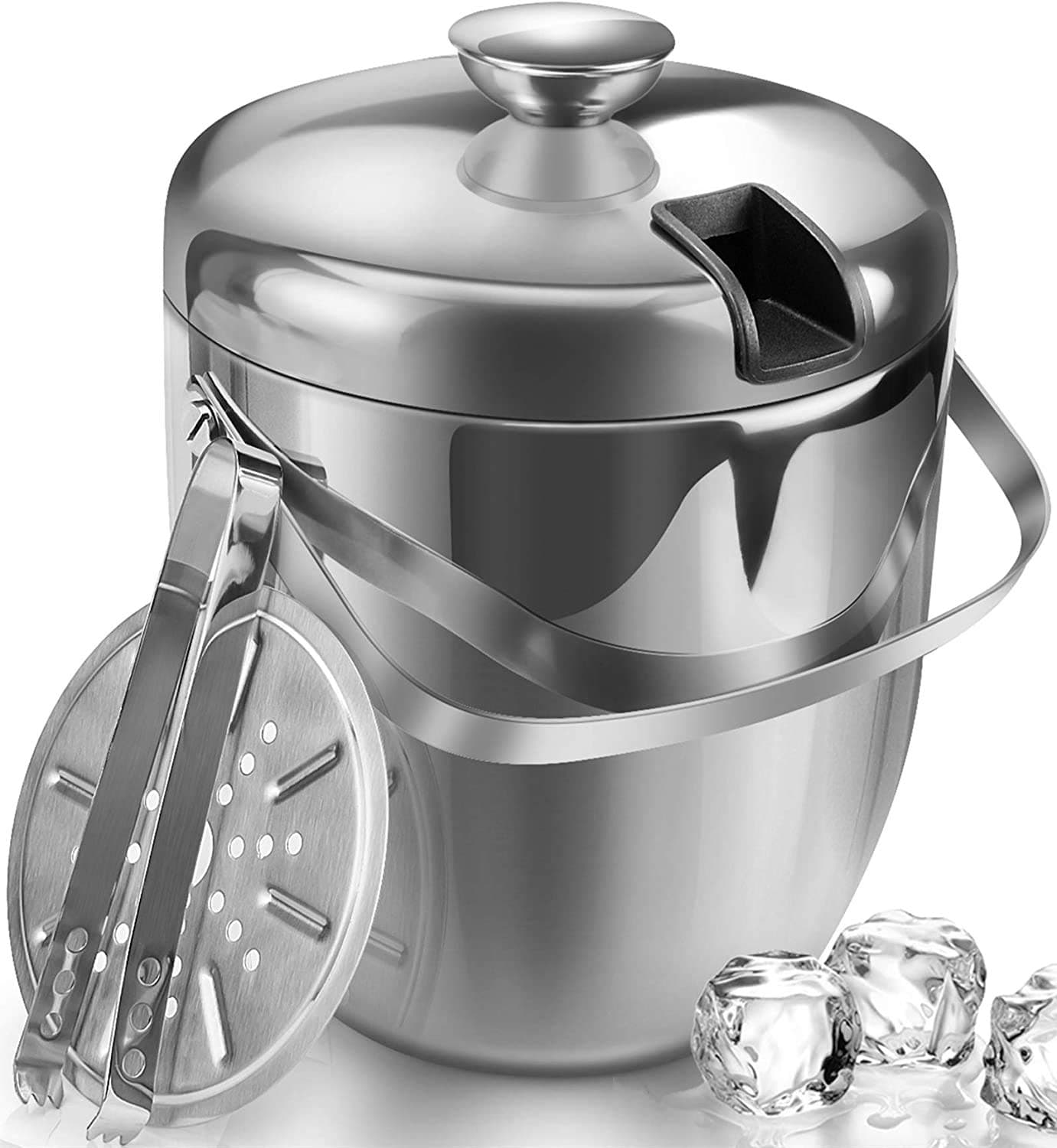 Jozo Ice Bucket Insulated with Tongs and Lids 3.4 Quarts for Parties and Bar, Stainless Steel Double Wall with Strainer