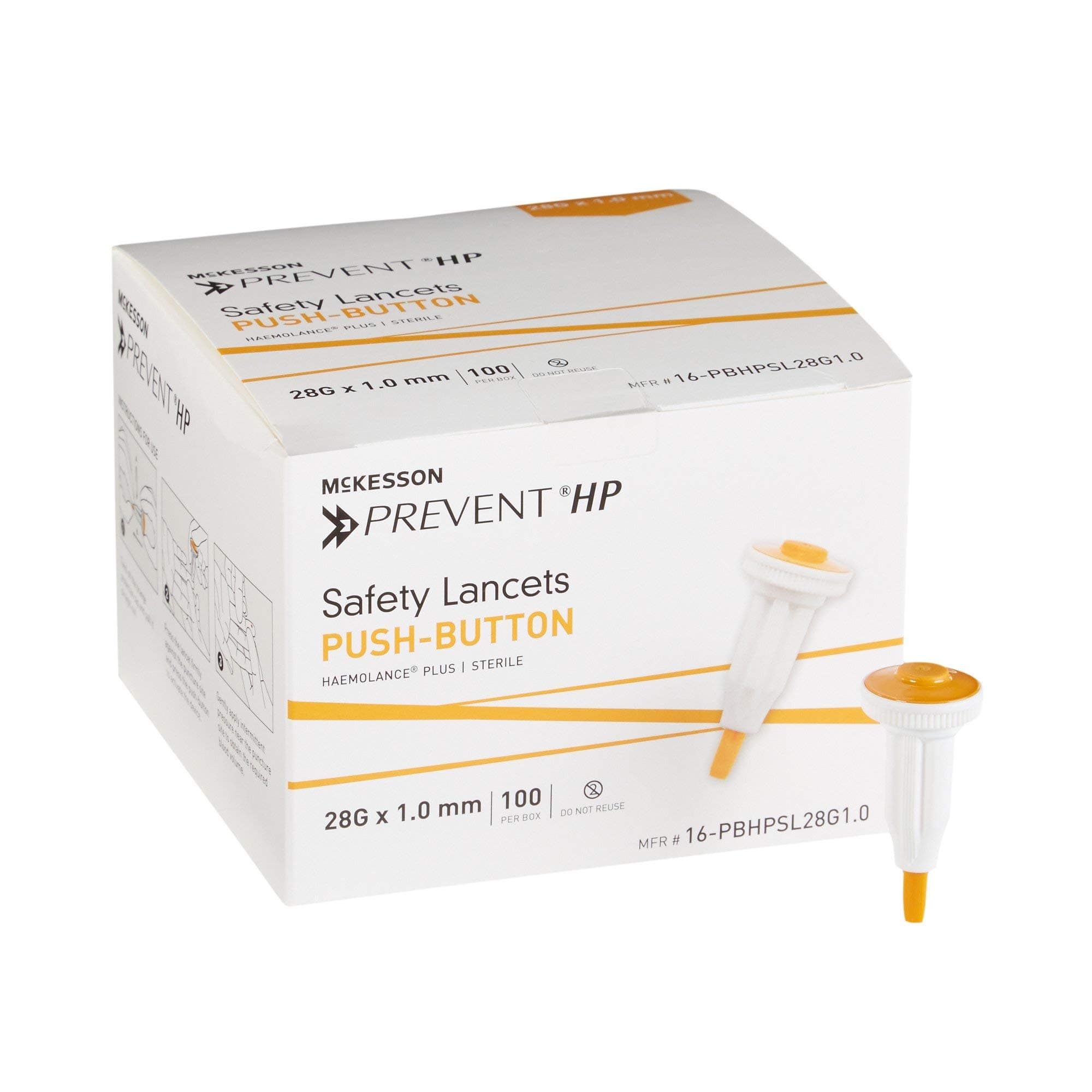 McKesson Prevent HP Safety Lancets, Sterile, Push-Button, 25 Gauge Needle, 1 mm, 100 Count, 1 Pack