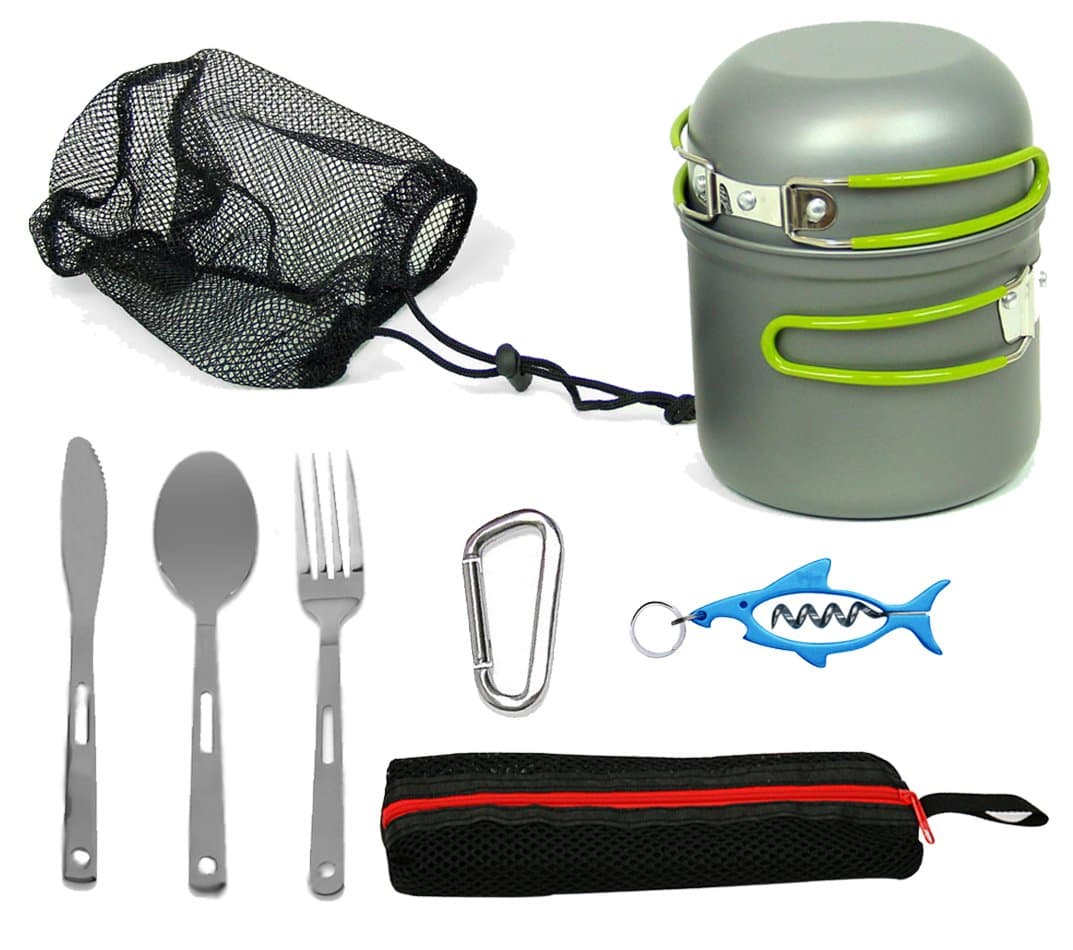 Wealers Compact Foldable Outdoor Camping Hiking Cookware Backpacking Cooking Picnic Bowl Pot Pan Set with Mesh Bag (Green, 9 Piece Set)