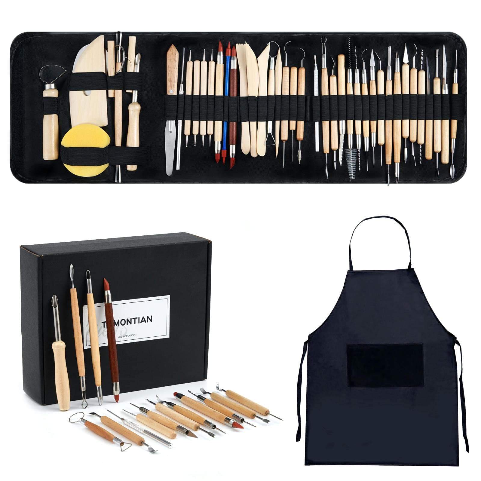 TEMONTIAN Pottery Tool Kit,Clay Sculpting Tools,43 Pcs Double Sided Pottery Wheel Tools for Adults,Pottery Carving Tools,Pottery Kiln Tools at Home,Ceramics Tools Set with Carrying Case Bag and Apron