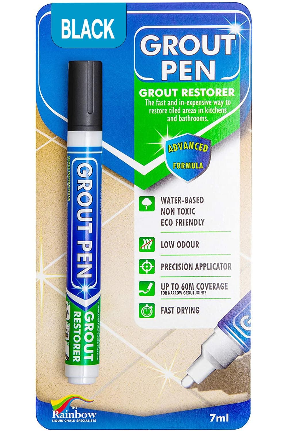 Grout Pen Black Tile Paint Marker: Waterproof Grout Paint, Tile Grout Colorant and Sealer Pen - Black, Narrow 5mm Tip (7mL)