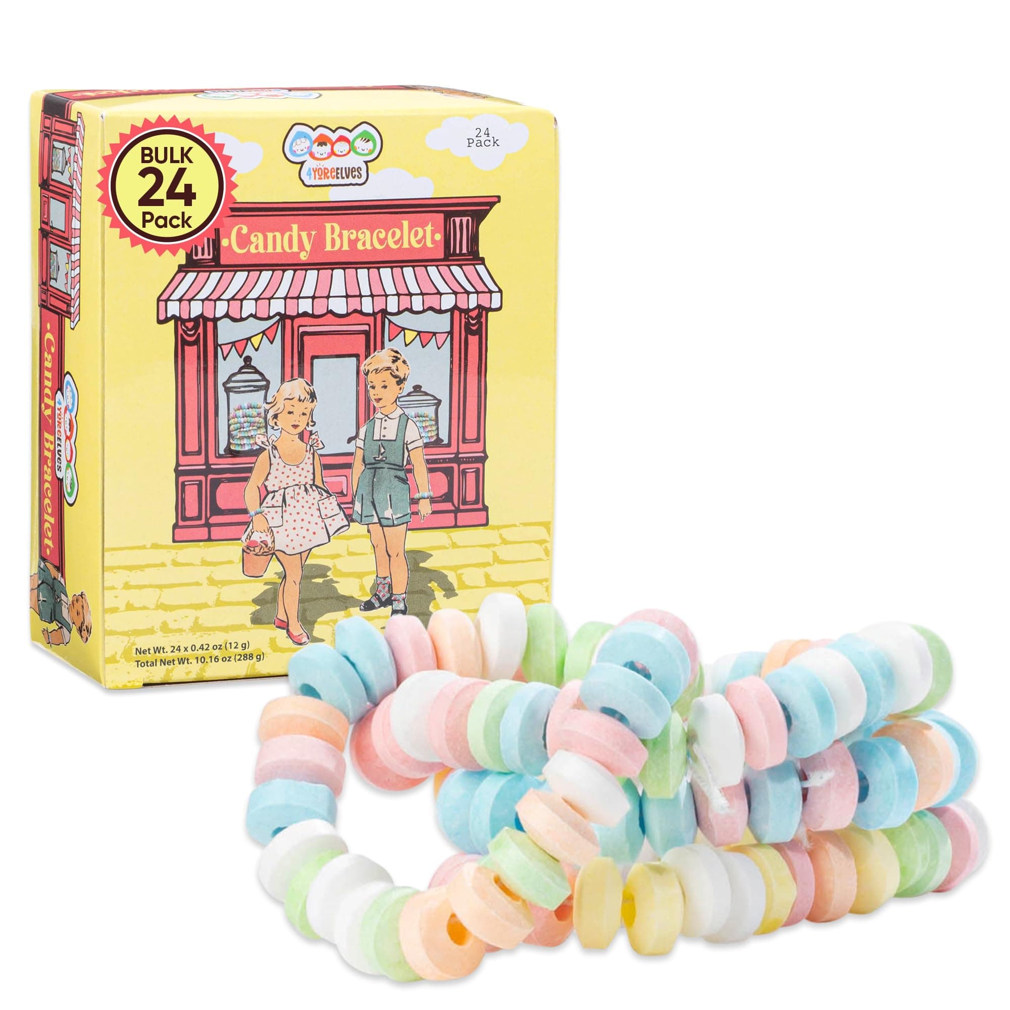 4YoreElves 24 Pack of Candy Bracelets | Bulk Pack Candy Bracelets Individually Wrapped | Candy Jewelry for Kids (Box of 24)