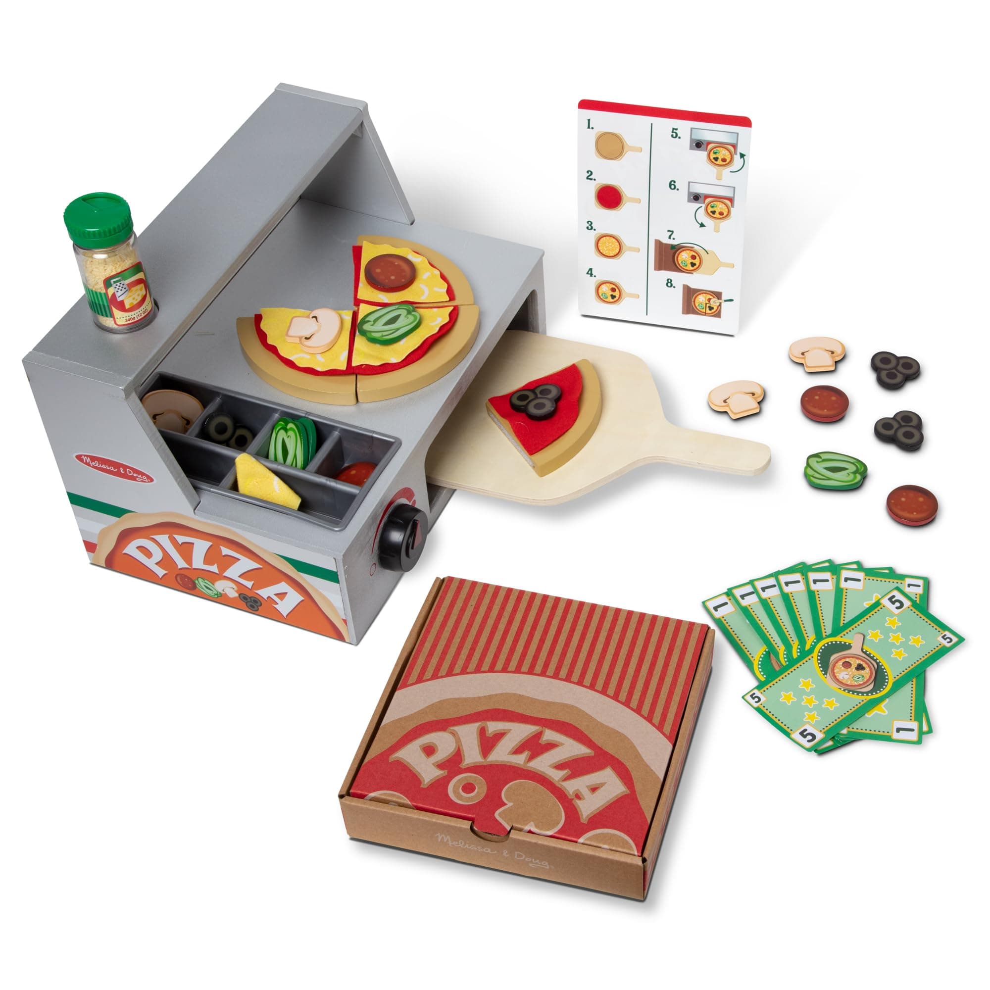 Top & Bake Pizza Counter – 34-Piece Wooden Pretend Play Food Set with Toppings, Utensils and Delivery Box – Interactive Pizza Making and Serving Toy for Kids – Ages 3 and Up | MD9465