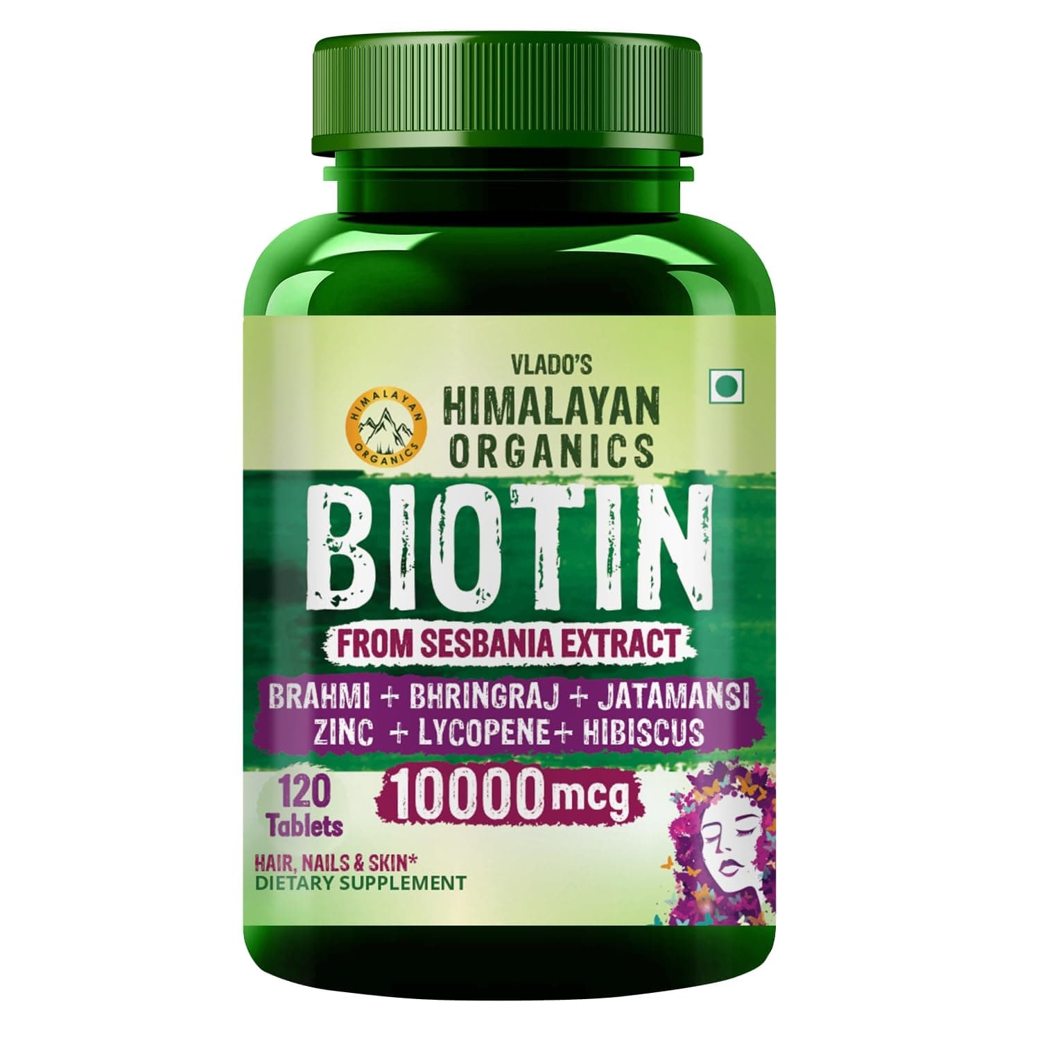 Vlado's Himalayan Organics Biotin Tablets for Hair Growth -10000mcg Biotin Supplement - With Brahmi, Jatamansi, Bhringraj, Hibiscus, Lycopene, Bamoo Extract & Vitamin C with Zinc I Hair Supplements for Women & Men - 120 Tablets