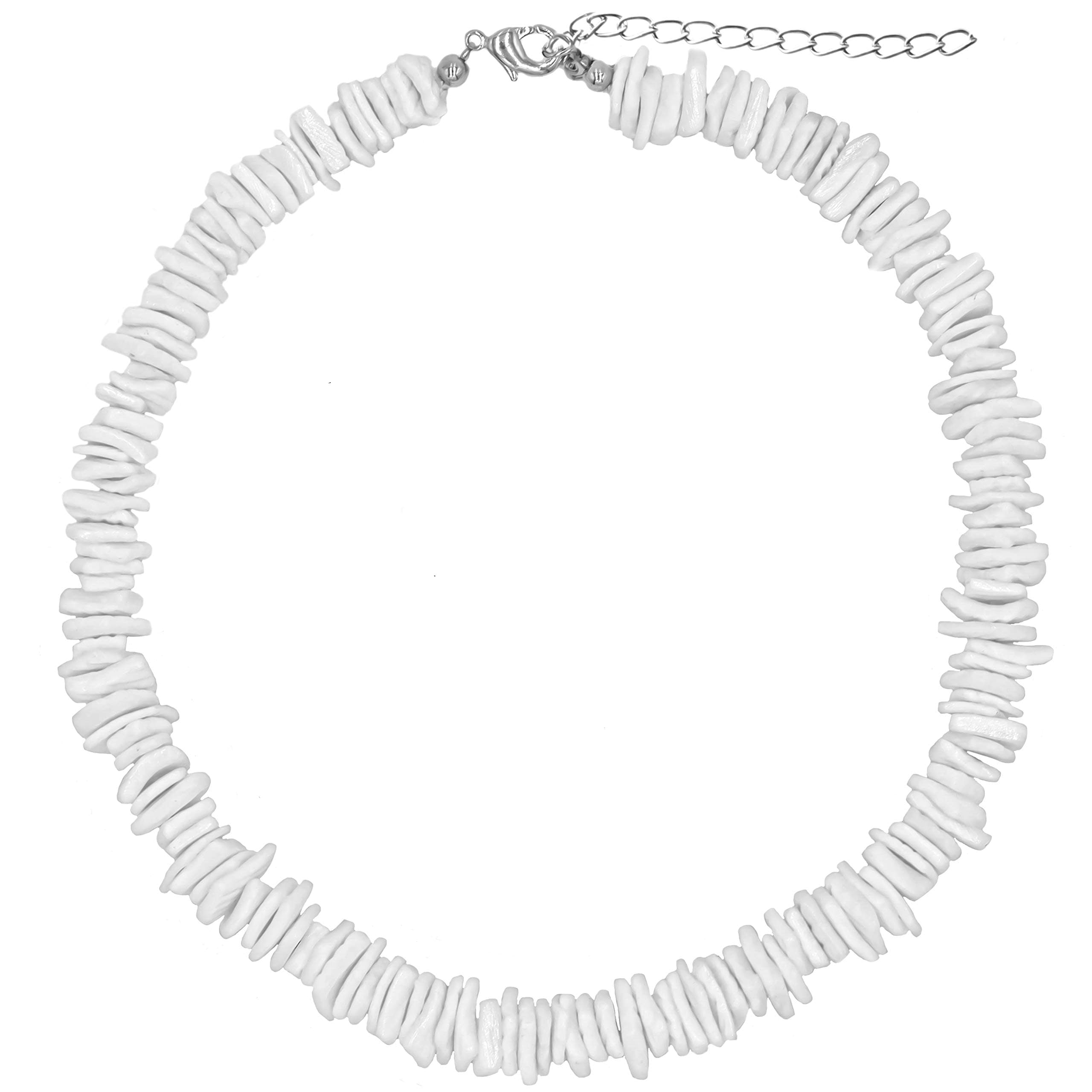 White Puka Shell Necklace, Hawaiian Seashell Necklace for Men, VSCO Girl Beach Necklaces for Women, Beachy Beaded Summer Pooka Choker, Heishi Clam Chips Surfer Jewelry