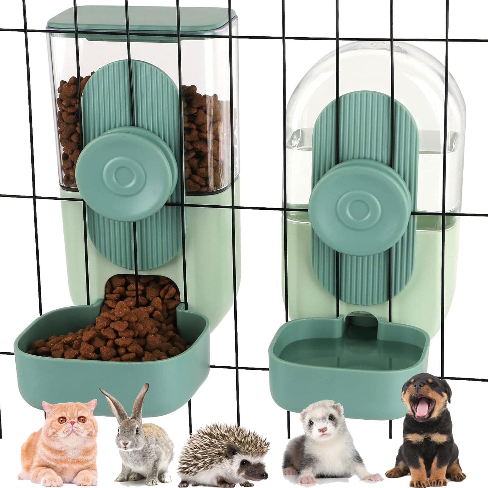 1L Rabbit Food Dispenser - Small Animals Pet Feeder and Waterer Set - Hanging Automatic Food and Water Bowl for Cage - Feeding Station for Small Dog, Cat, Kitten, Bunny, Guinea Pig, Ferret