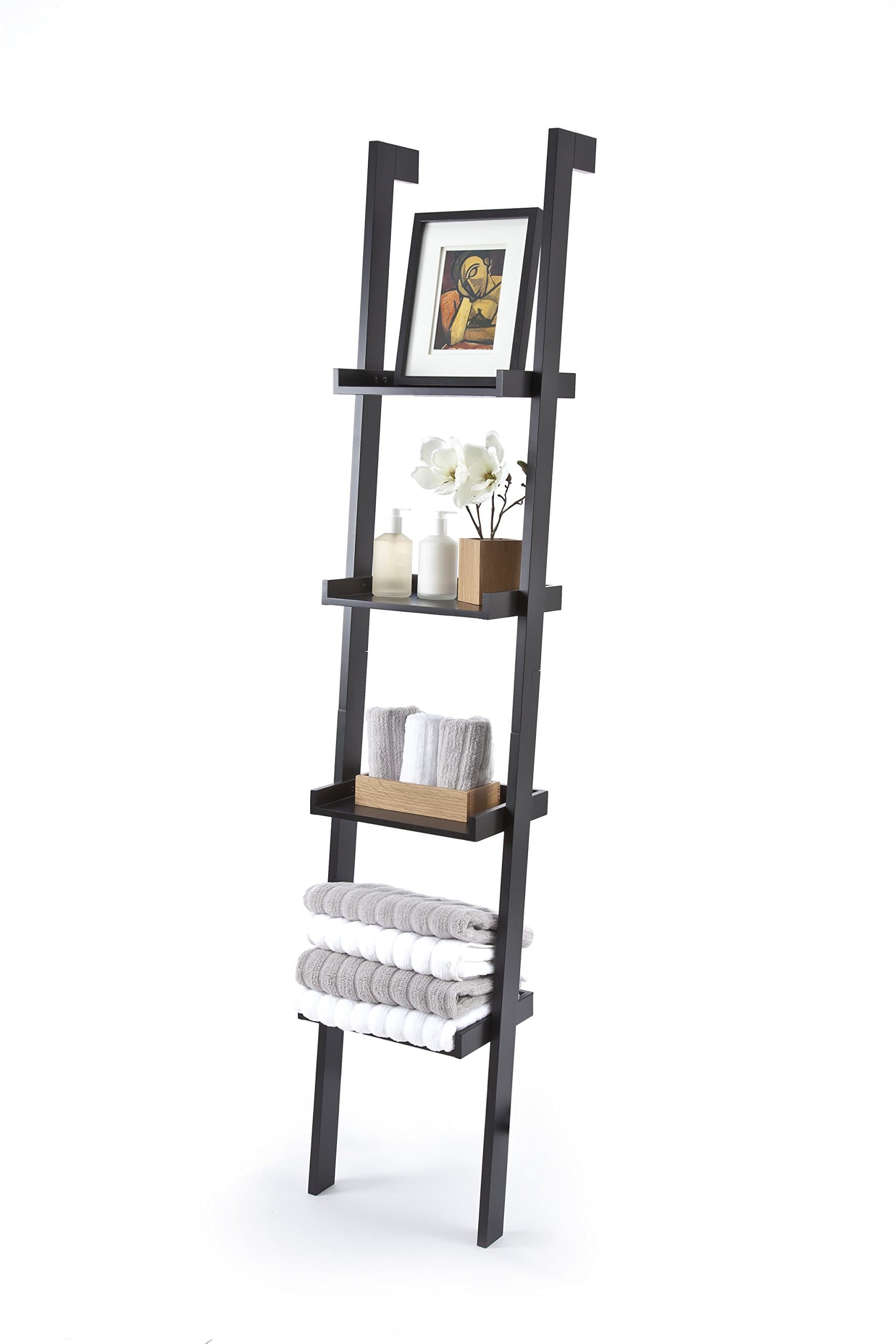 Black Ladder Leaning Bookshelf, wood/MDF with black paint finish, 4 Tiers - Sennen Range