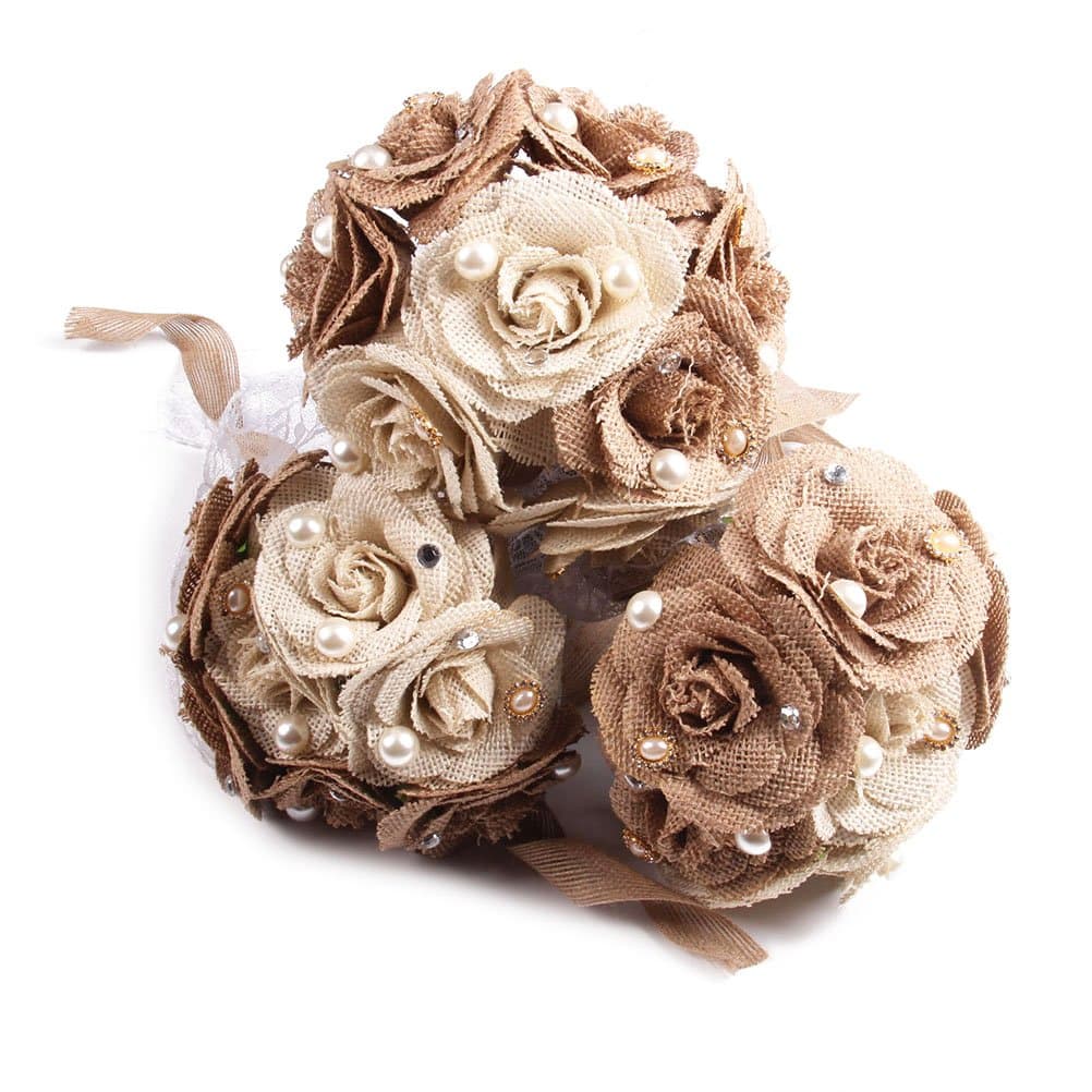Tinksky Rustic Wedding Bouquet Burlap Flower Bouquet Lace and Pearls Wedding Anniversary Engagement Mother's Day Decoration, Valentine's Day gift