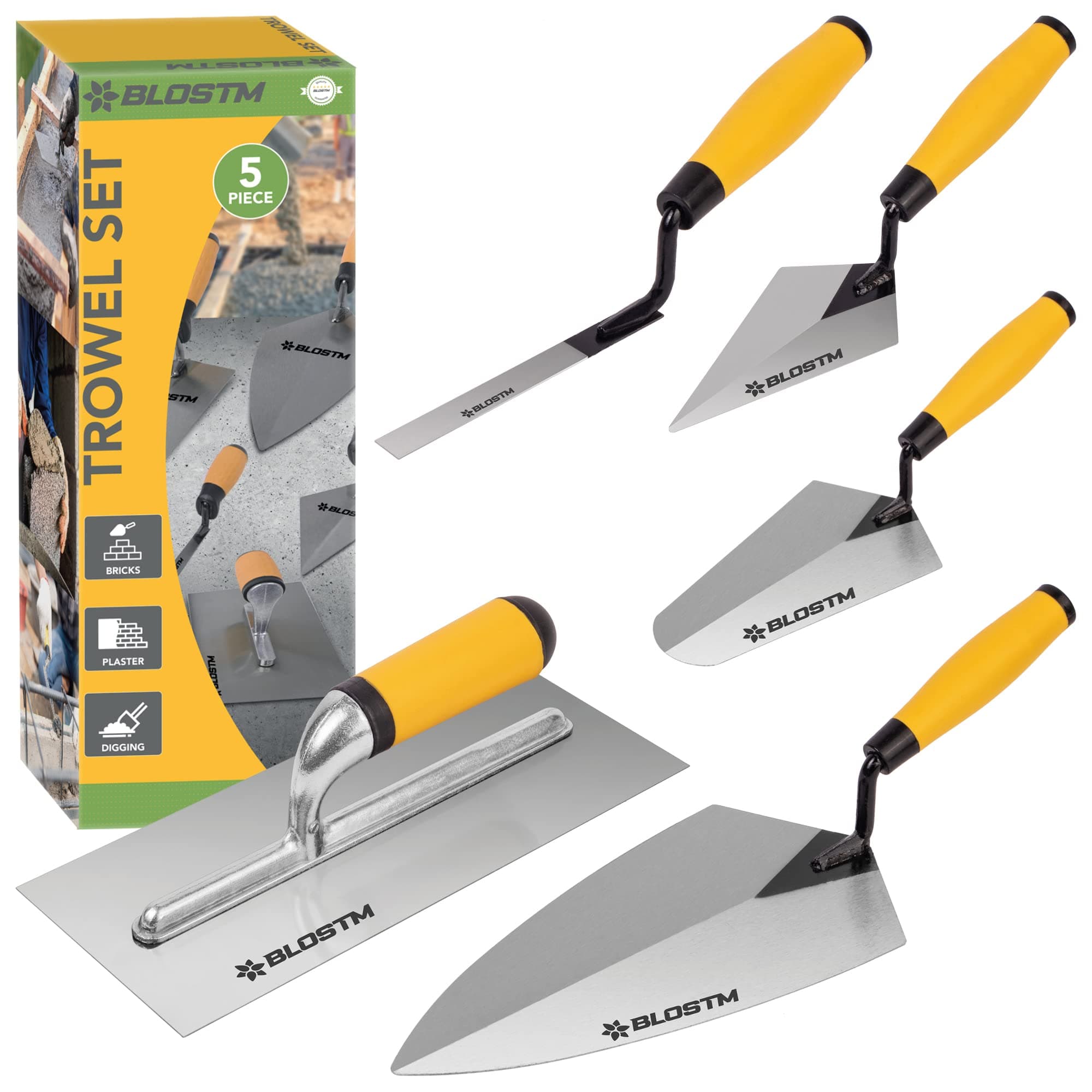 BLOSTM Trowel Set 5 Piece - Brick Jointer, Pointing Tool, Gauging Trowel, Plastering Trowel - Made of Durable Carbon Steel - Builders Bricklaying Tools with Soft Grip Handles (5 PCS)