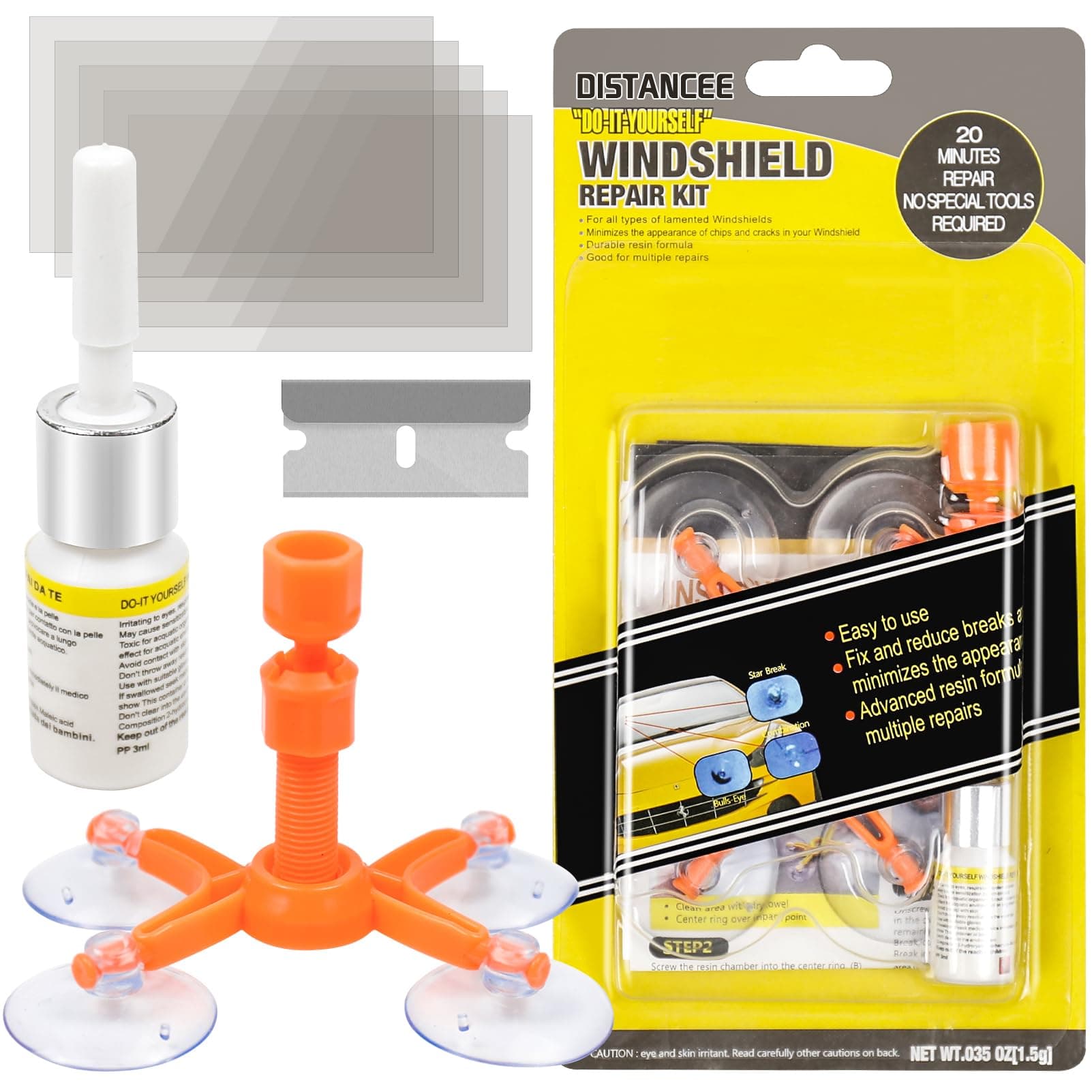 Windscreen Repair Kit, Car Windscreen Crack Repair Kit with Durable Resin, Fix Auto Windscreen Glass Cracks, Chip, Bulls Eye, Star Break, Half Moon