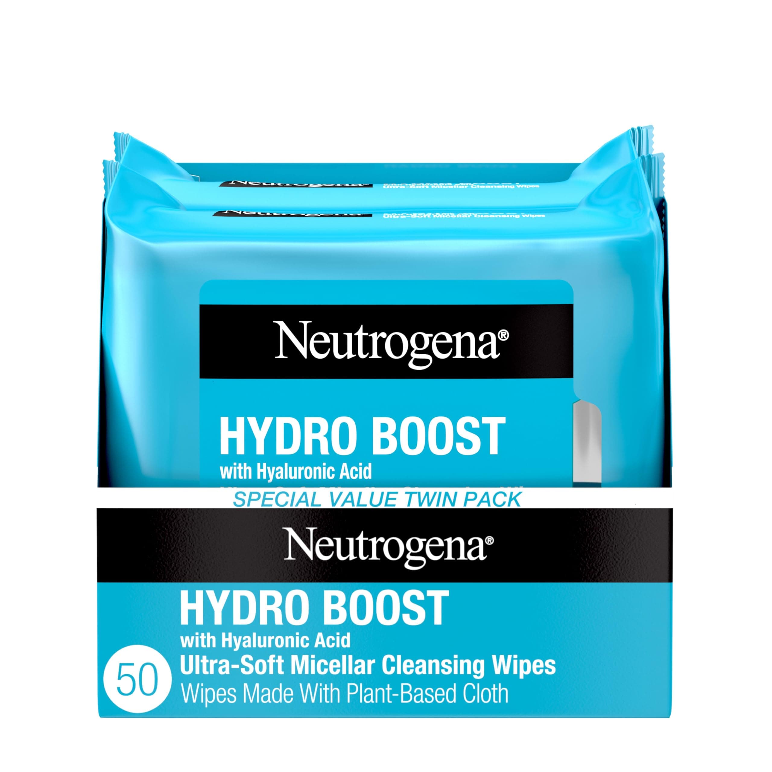 Hydro Boost Facial Cleansing Towelettes + Hyaluronic Acid, Hydrating Makeup Remover Face Wipes Remove Dirt & Waterproof Makeup, Hypoallergenic, 100% Plant-Based Cloth, 2 x 25 ct