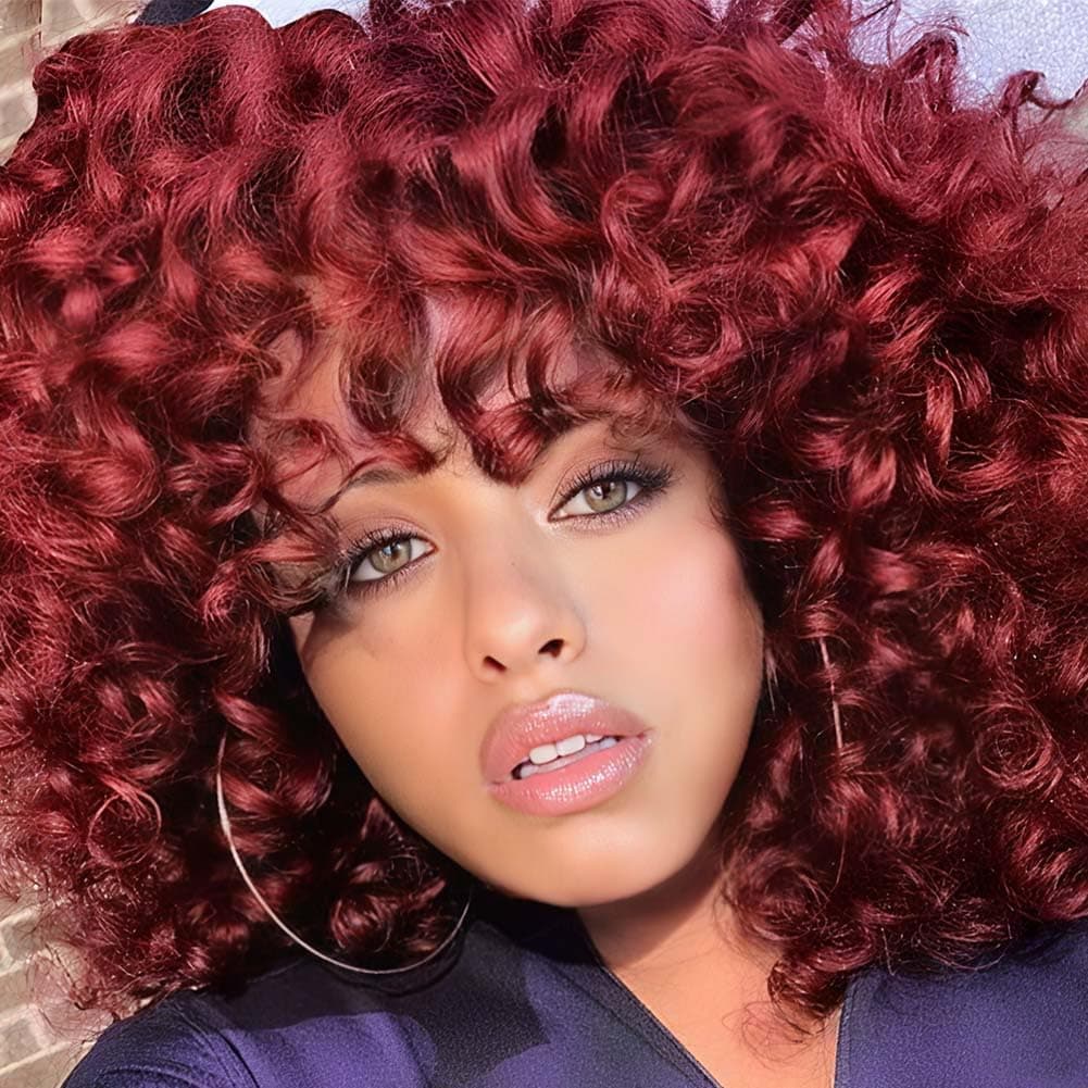 Short Loose Red Curly Wig Afro Synthetic Wig Natural Half Short Wigs for Black Women Fluffy Red Wig Weave Curly Wigs with Bangs for Women (Red)
