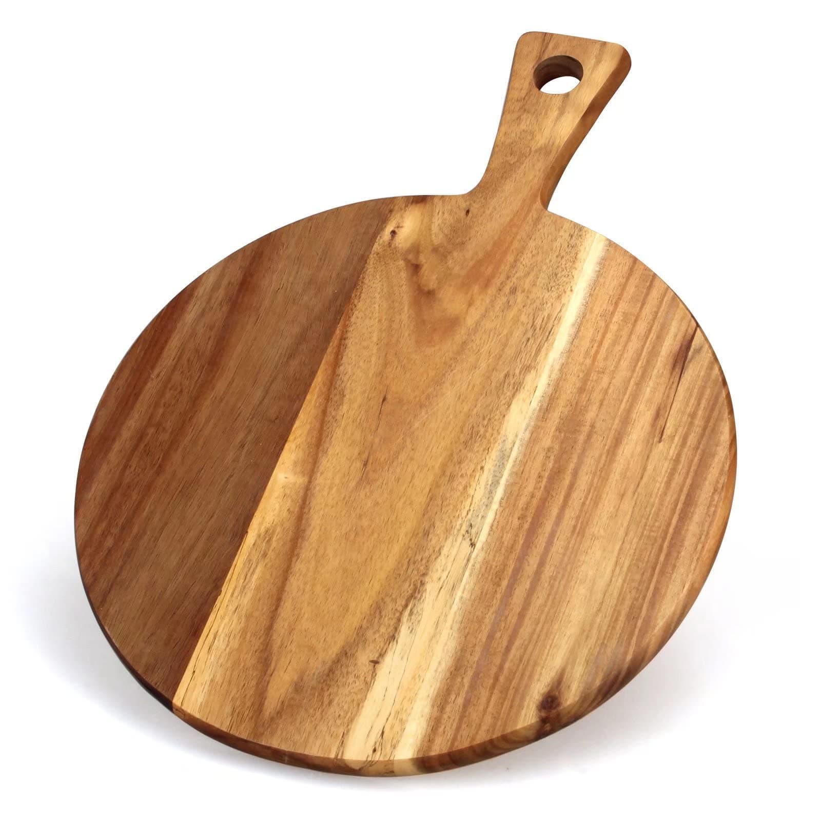 Ayiaren Acacia Wood Cutting Board with Handle Wooden Chopping Board Countertop Round Paddle Cutting Board for Meat Bread Serving Board Charcuterie Board Circular Circle Cutting Board
