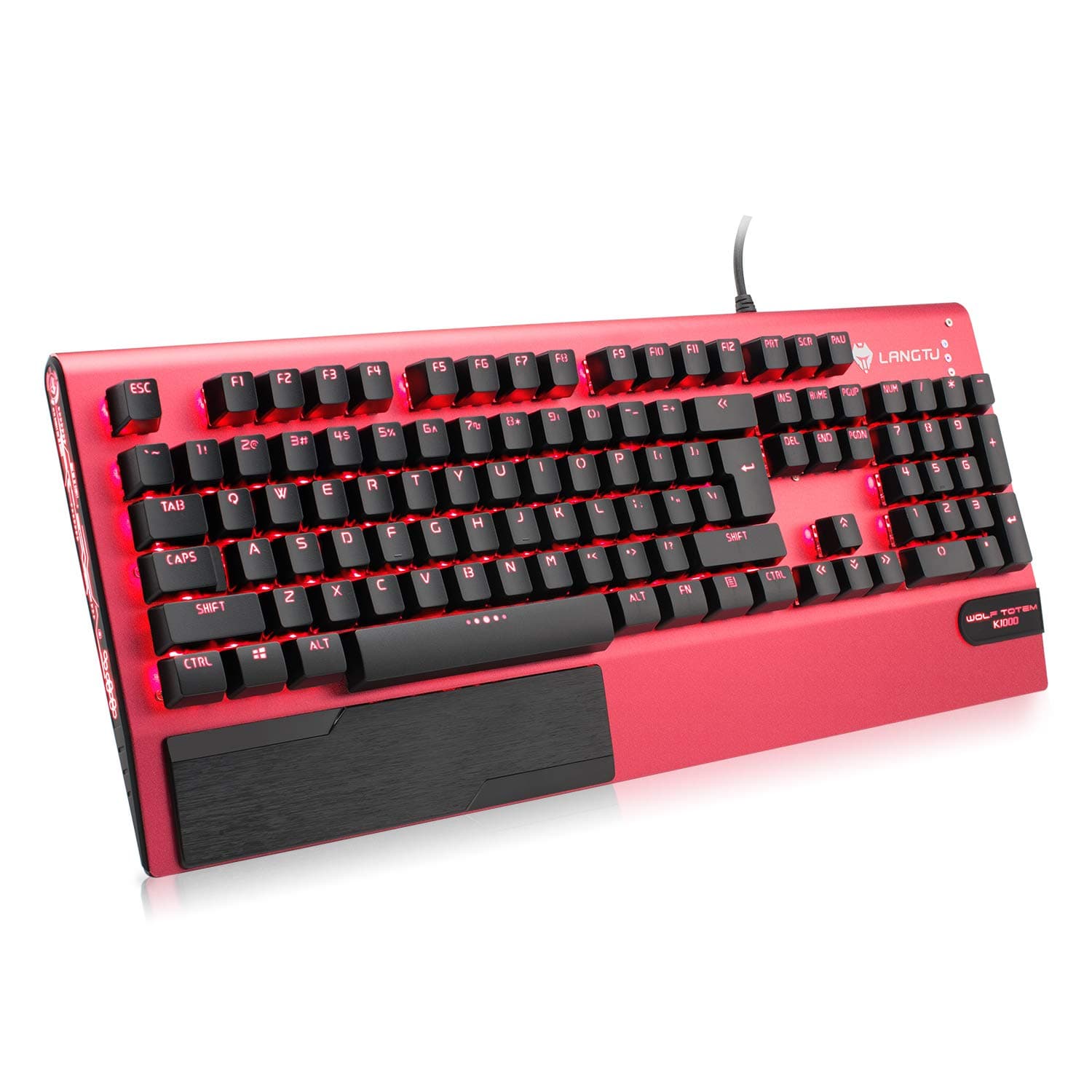 LANGTU Mechanical Gaming Keyboard, All-Metal Panel USB Wired Computer Keyboard with Ergonomic Wrist Rest, LED Backlit Keyboard Blue Switch 104 Keys for Windows PC Gamers - X1000 Red